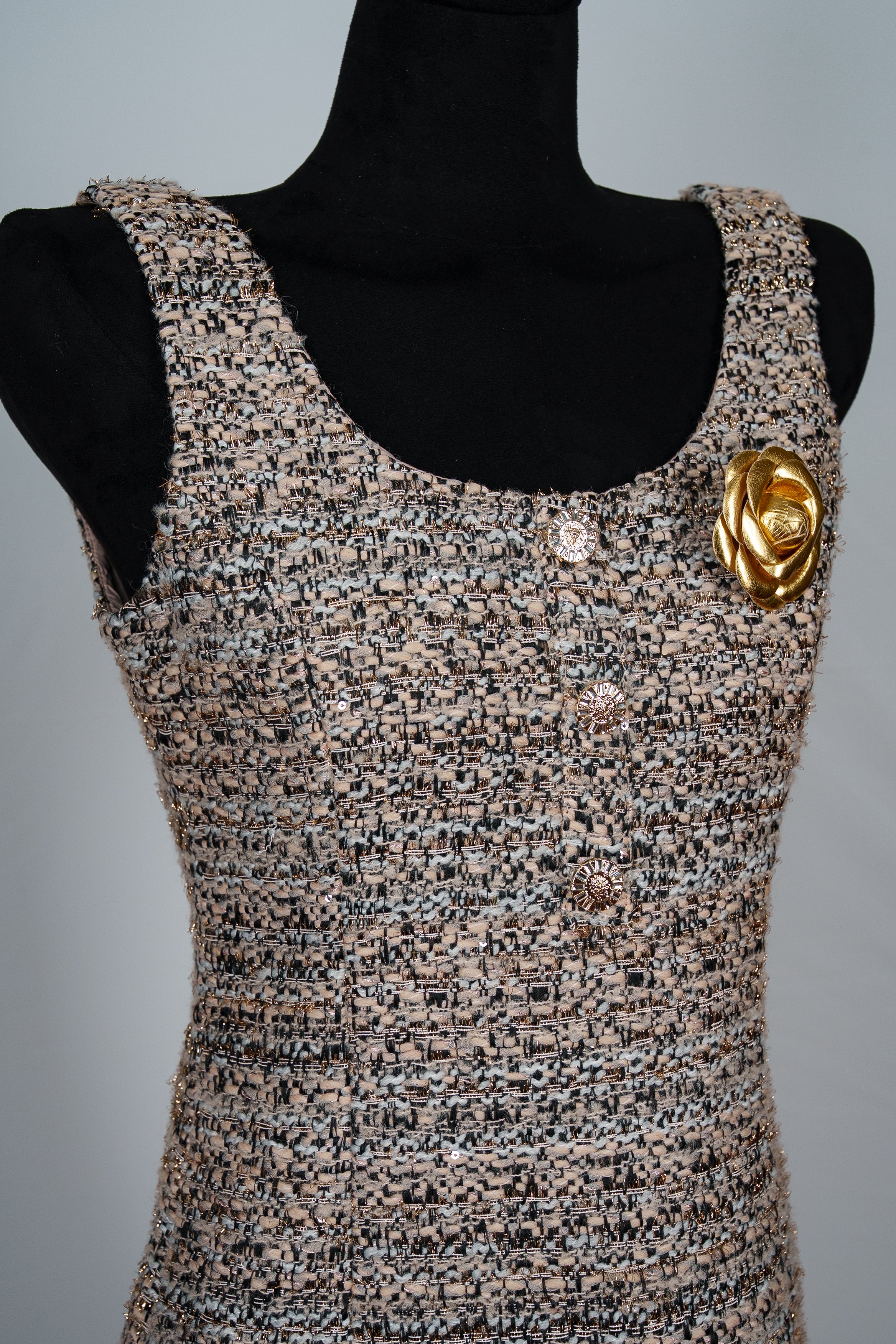 Gold Button Tweed Mini Dress