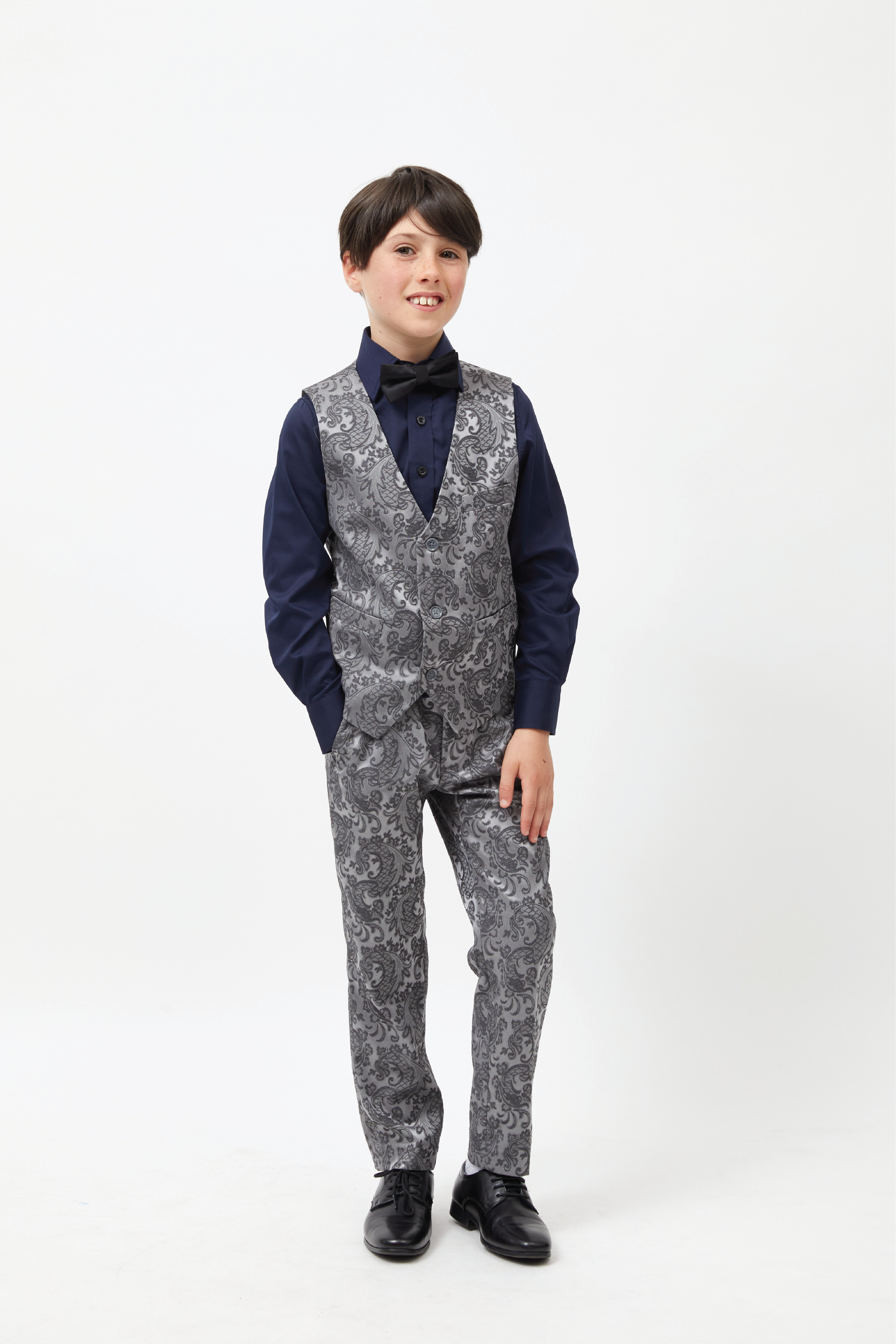 Grey Jacquard Suit Set with Vest