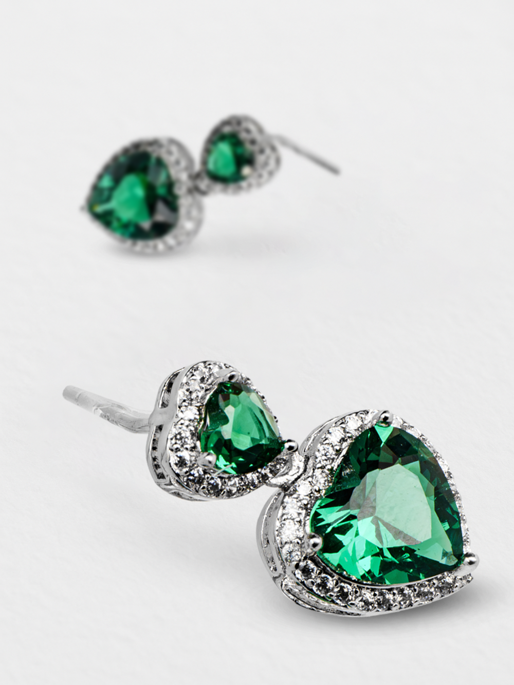 Green Heart Double Drop Silver Tone Studs
