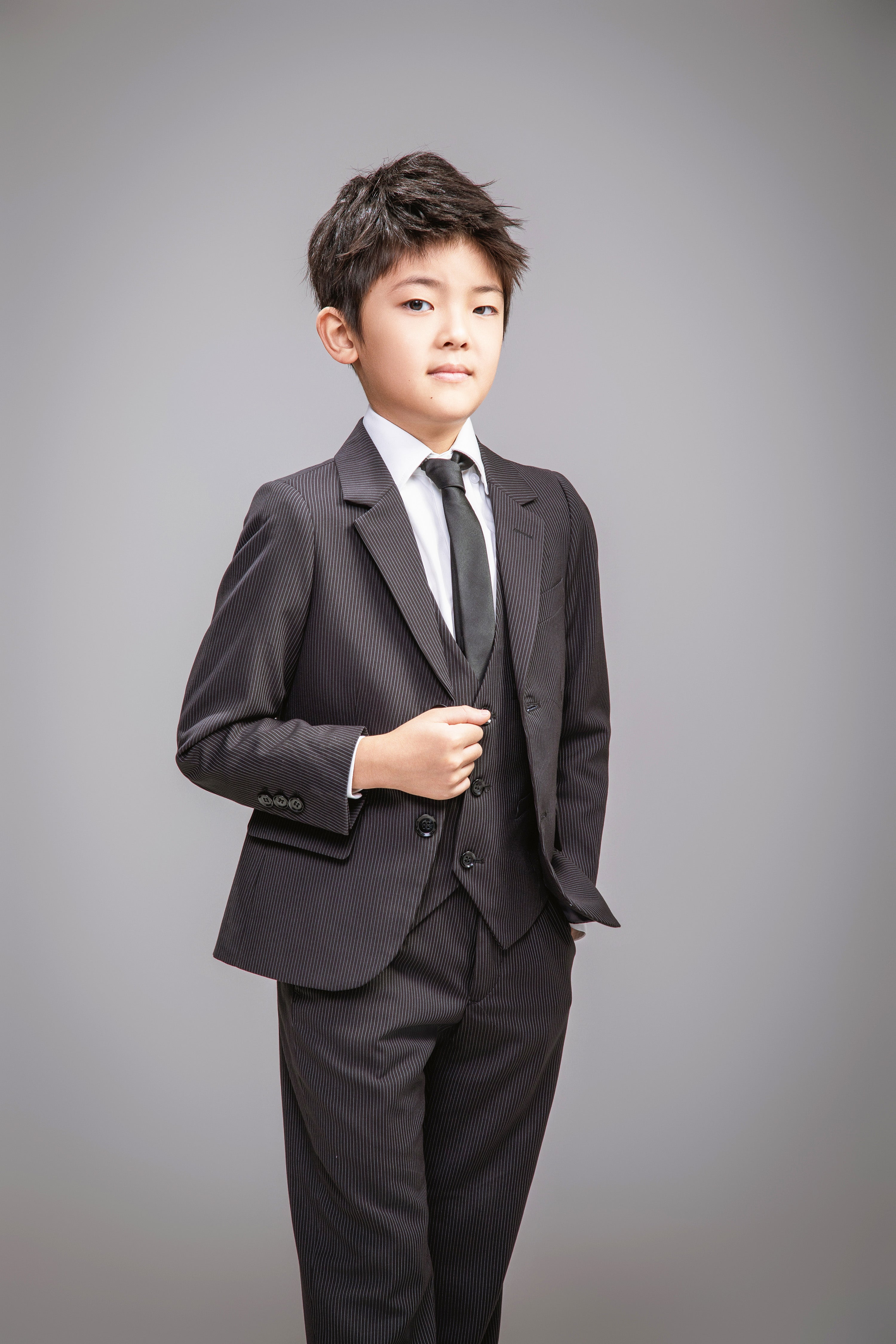 Black Pinstripes Suit Set with Vest