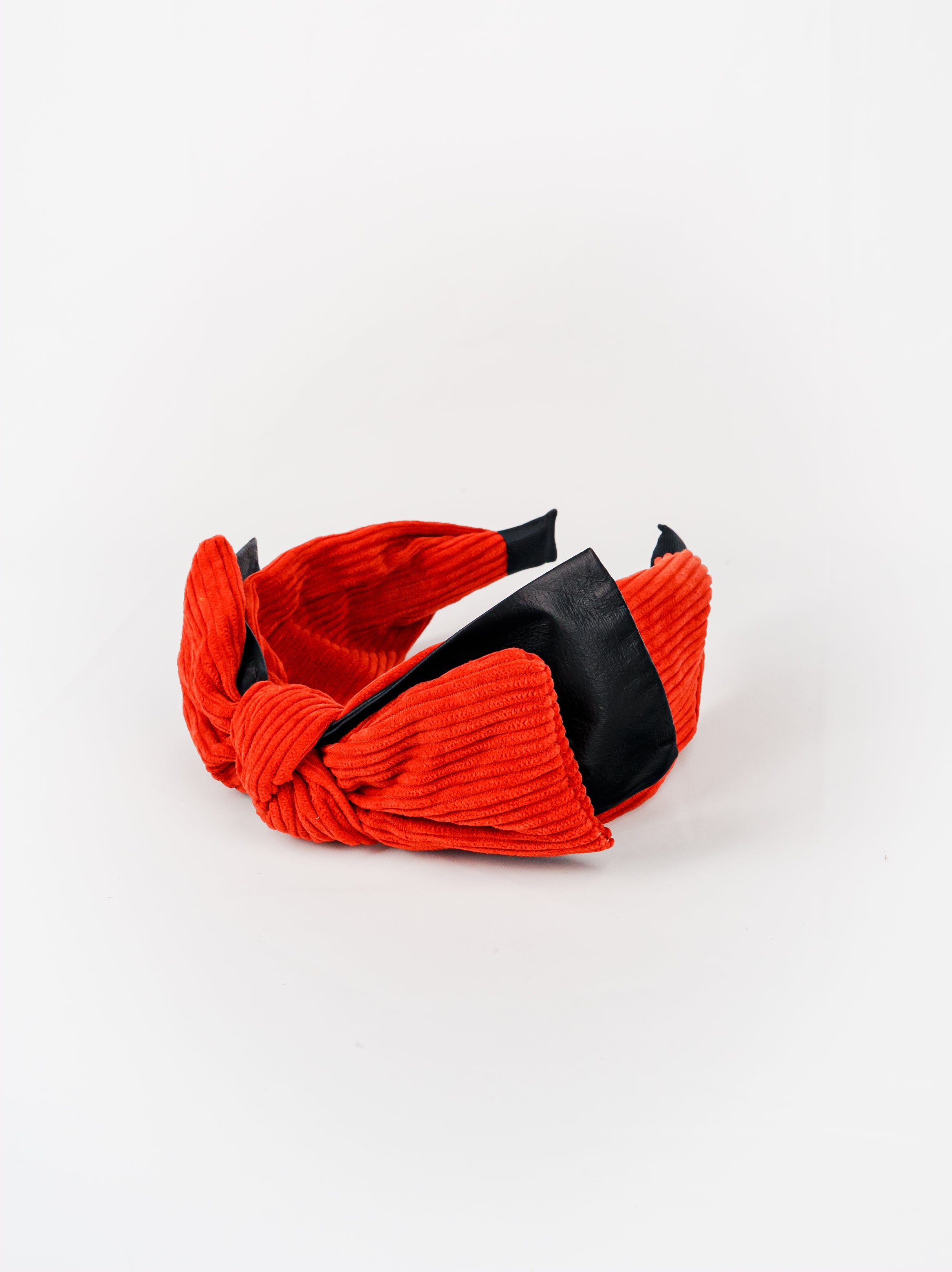 Corduroy Bow Headband with Faux Leather Trim