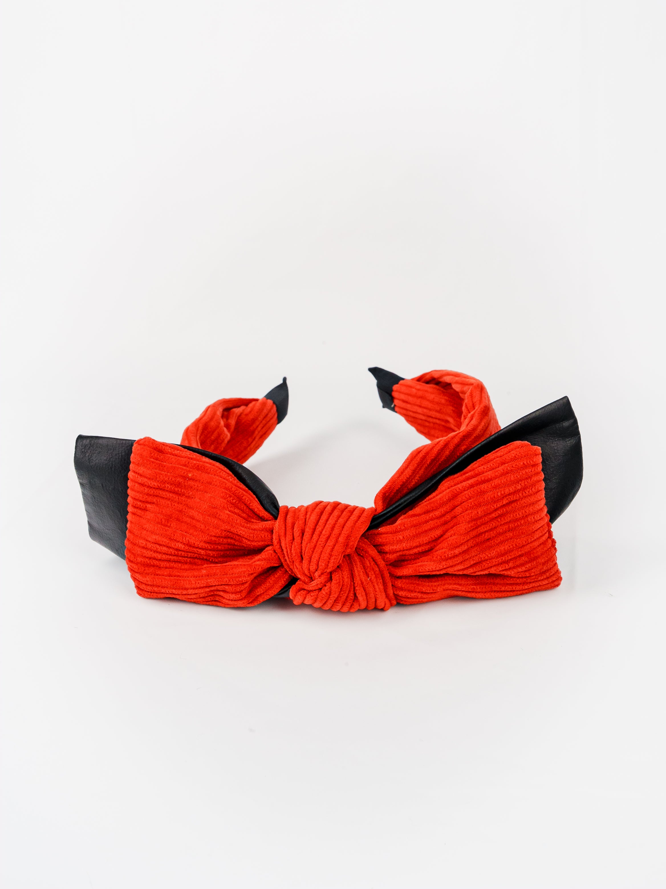 Corduroy Bow Headband with Faux Leather Trim