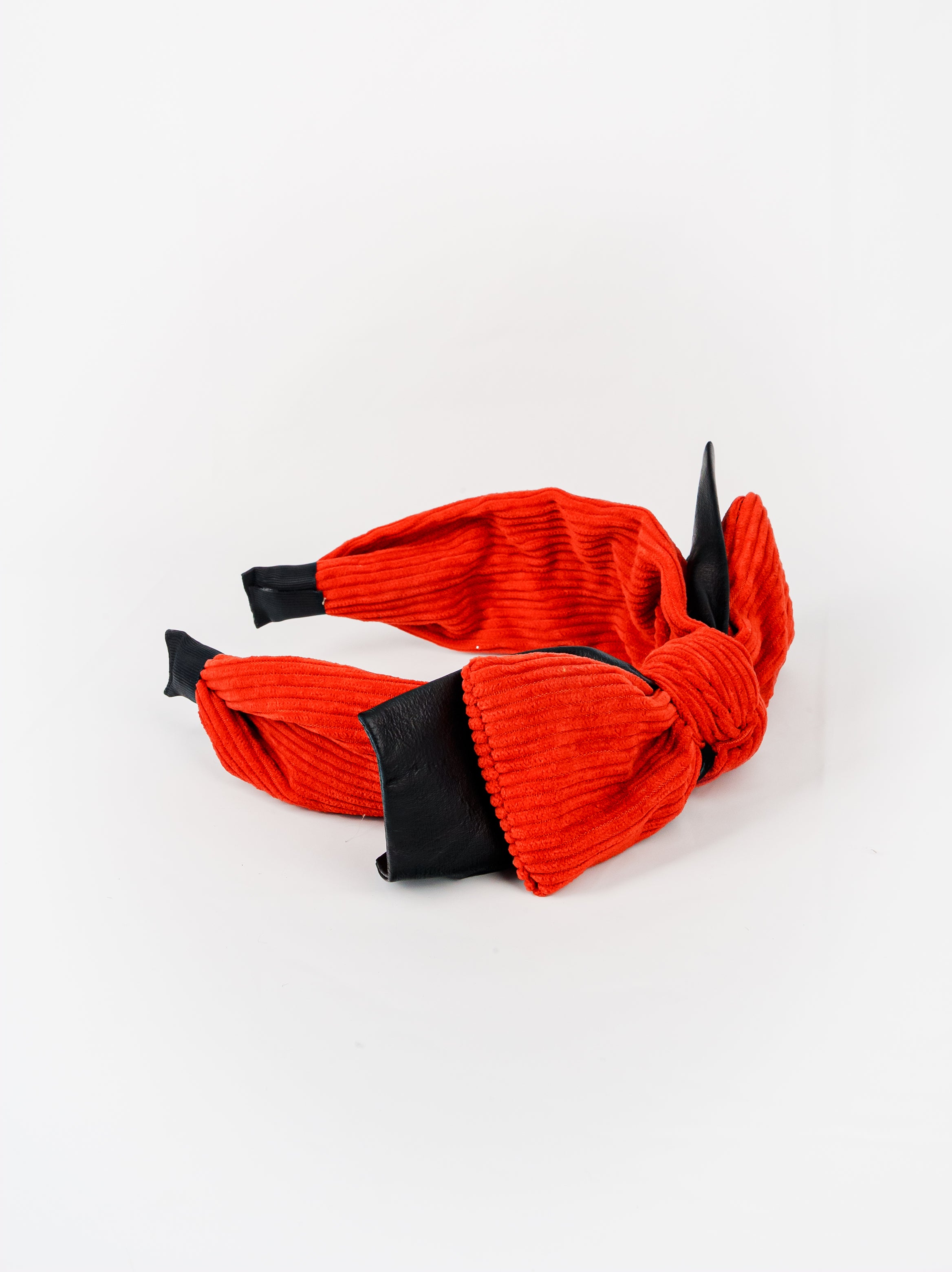 Corduroy Bow Headband with Faux Leather Trim
