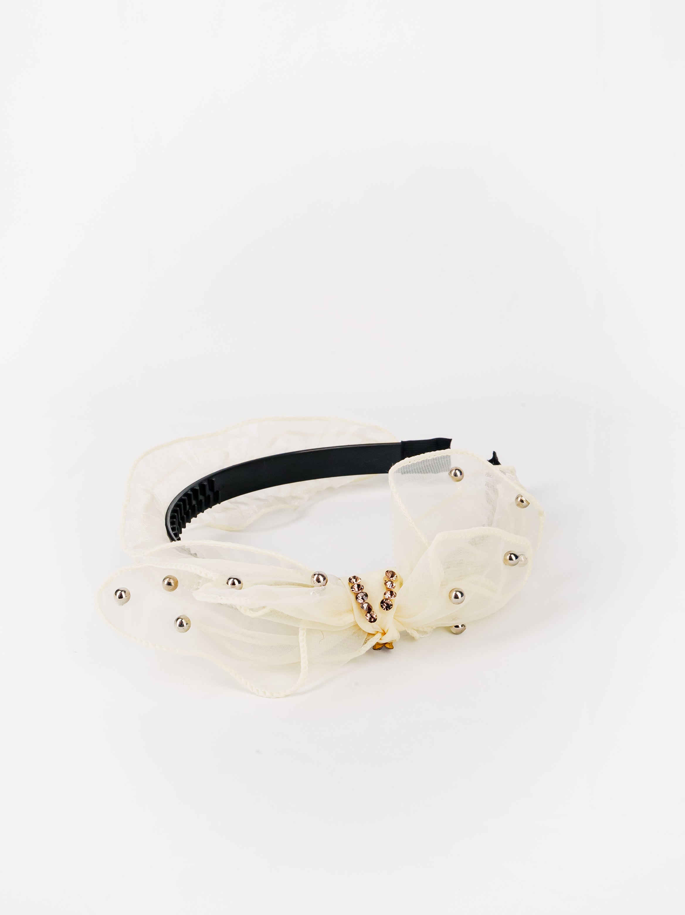 Ivory Organza Ruffle Headband with Pearl Rosettes