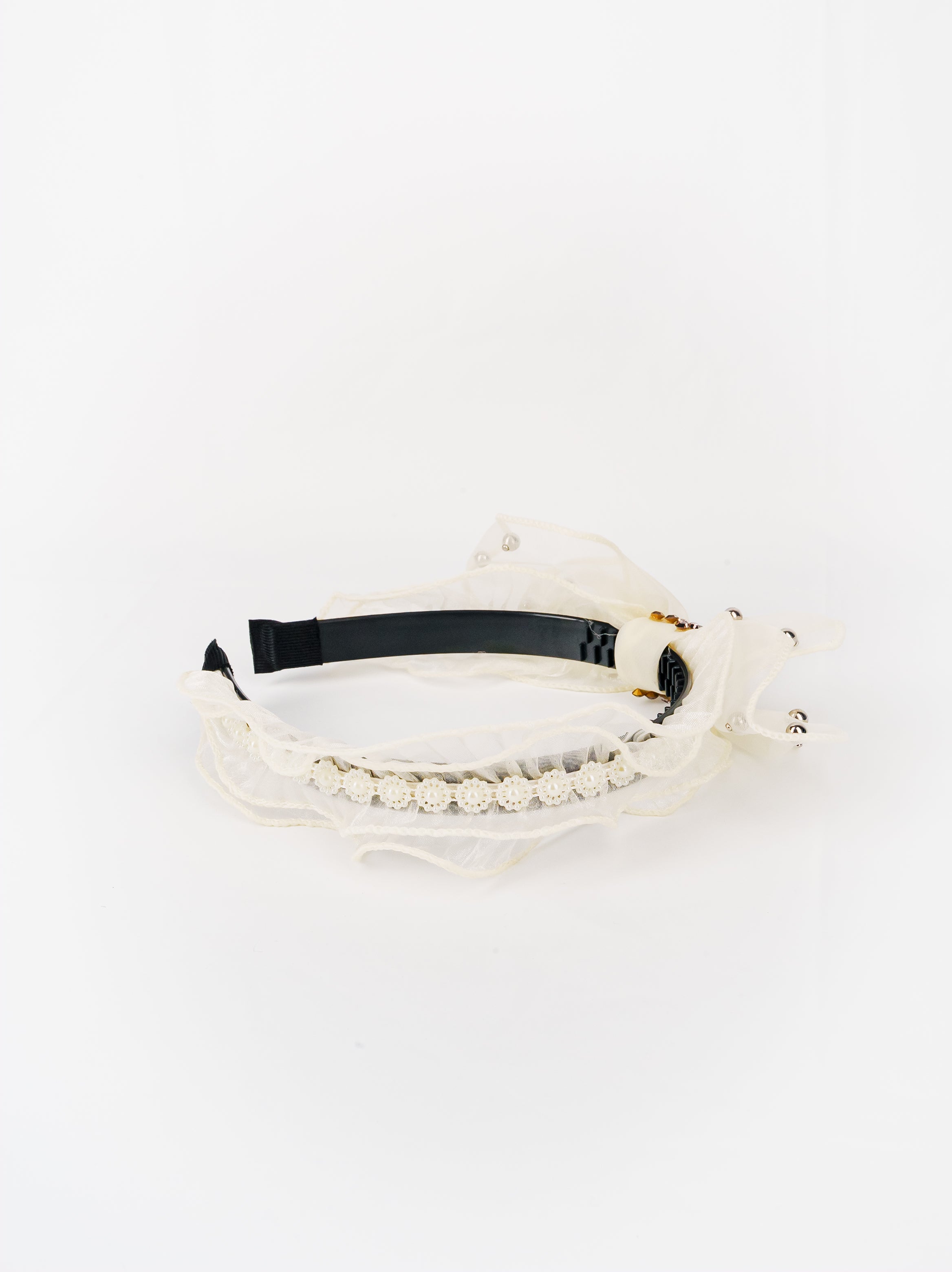 Ivory Organza Ruffle Headband with Pearl Rosettes