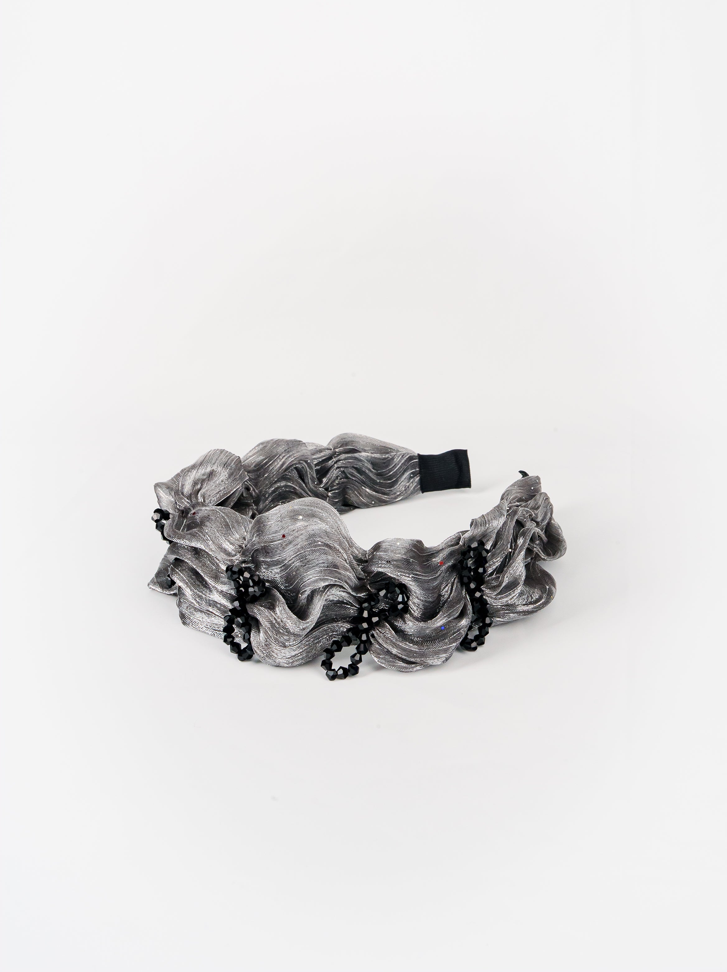 Wavy Metallic Organza Headband with Black Rosettes