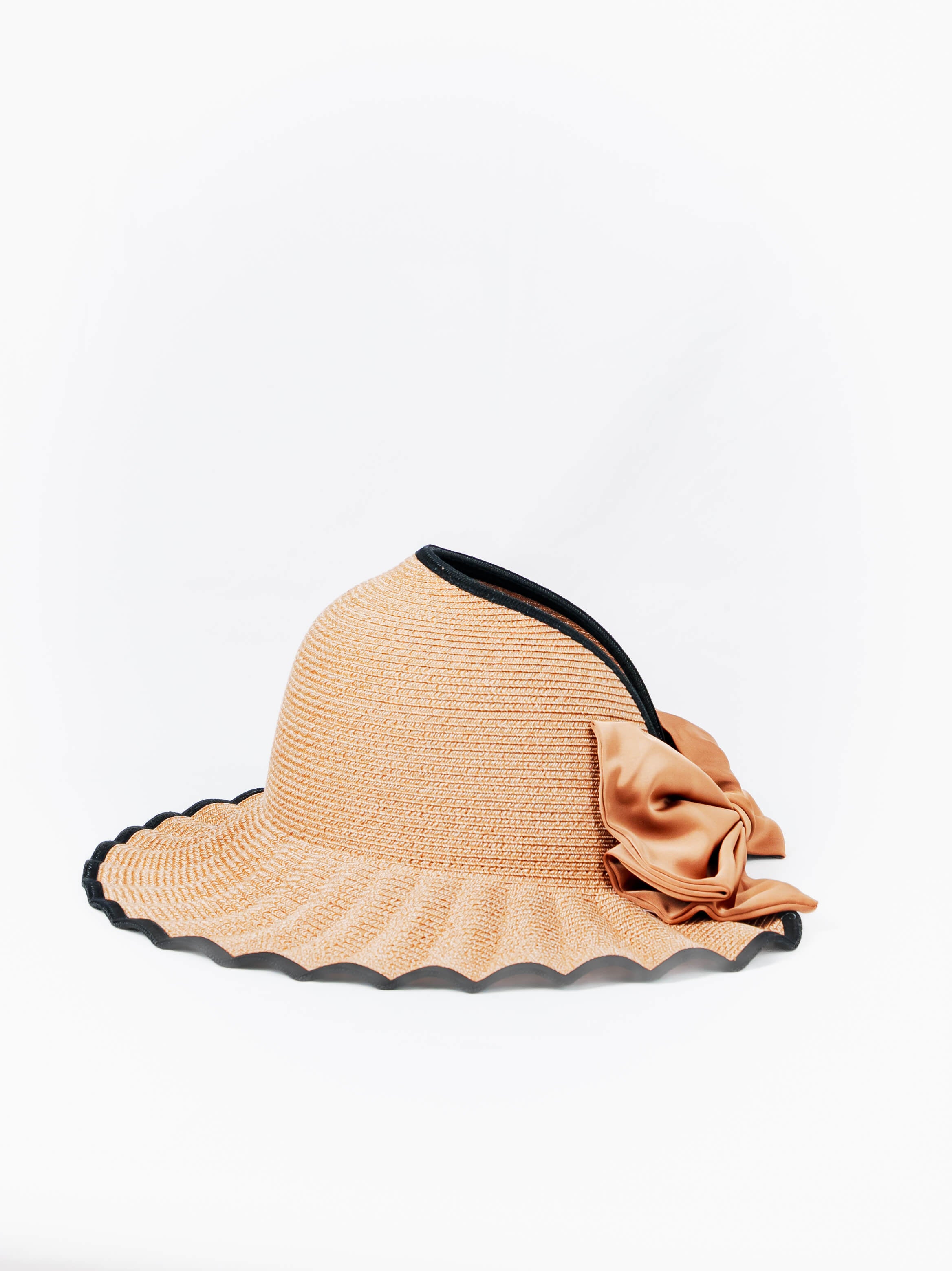 Scalloped Wide Brim Sun Hat with Satin Bow