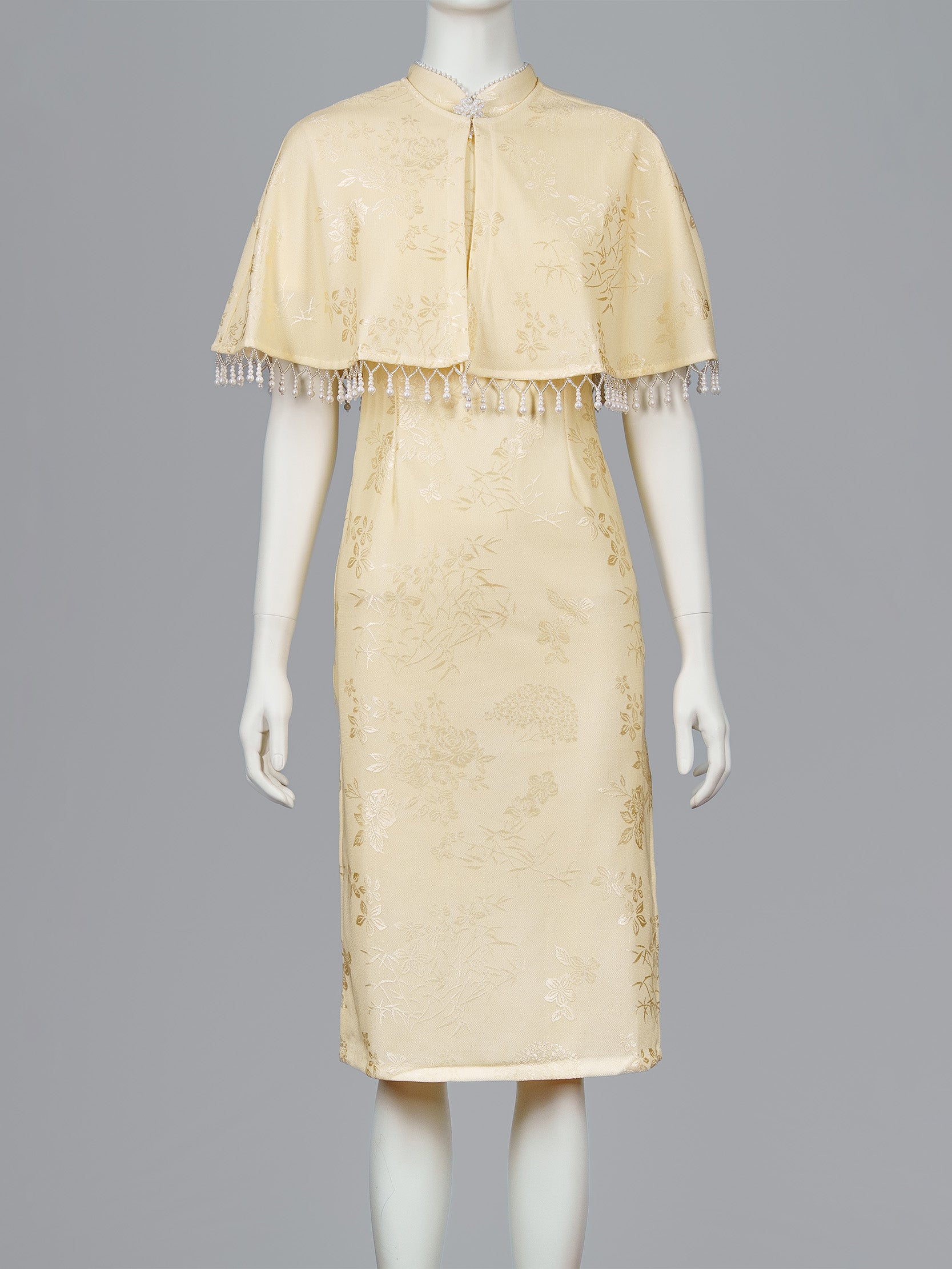 Pearl Trim Brocade Cheongsam Set with Beaded Cape