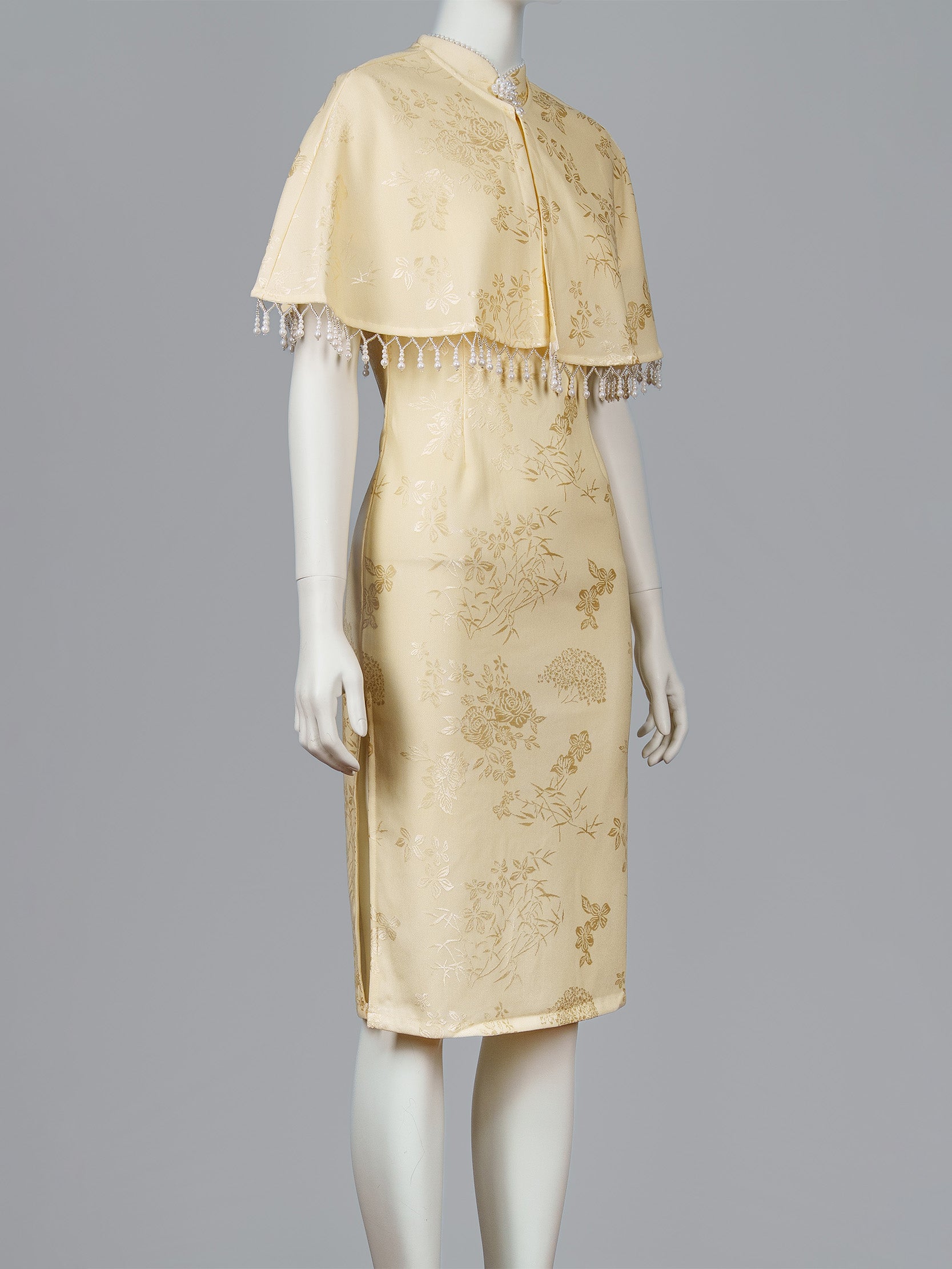 Pearl Trim Brocade Cheongsam Set with Beaded Cape