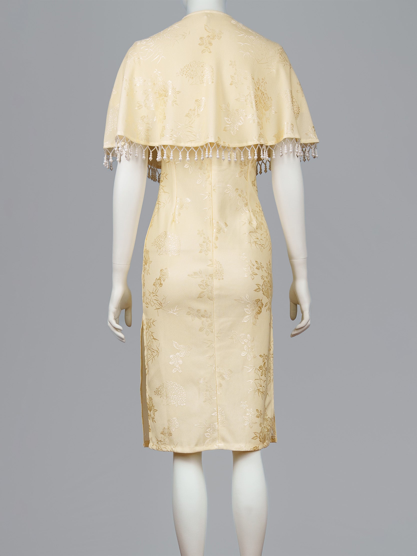 Pearl Trim Brocade Cheongsam Set with Beaded Cape