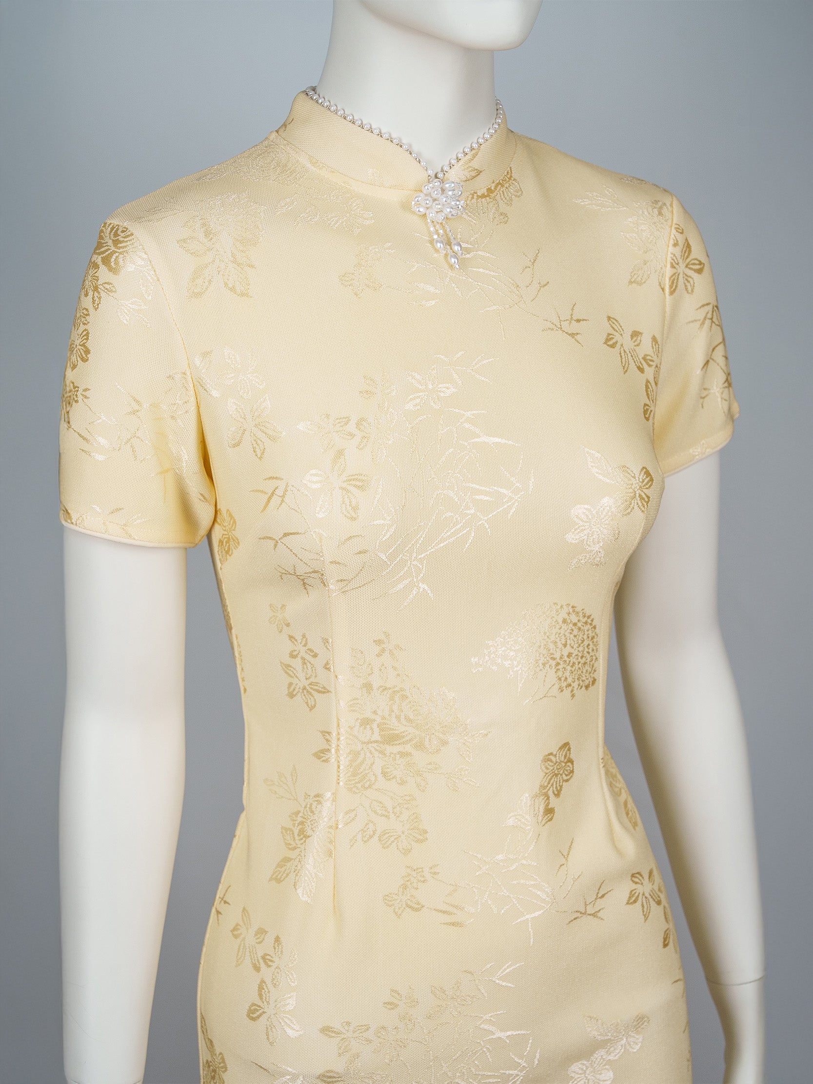 Pearl Trim Brocade Cheongsam Set with Beaded Cape