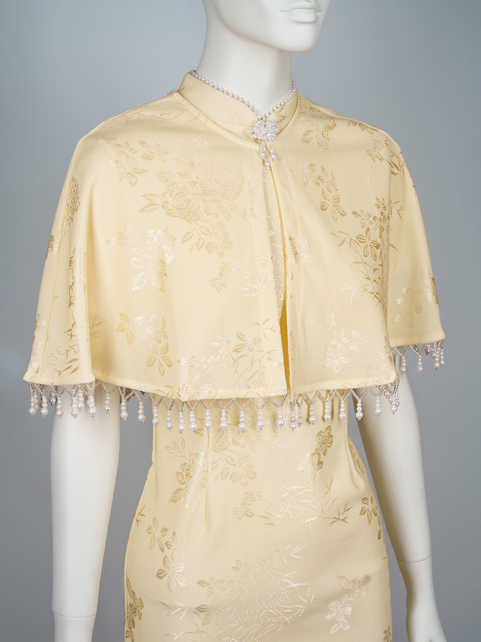 Pearl Trim Brocade Cheongsam Set with Beaded Cape