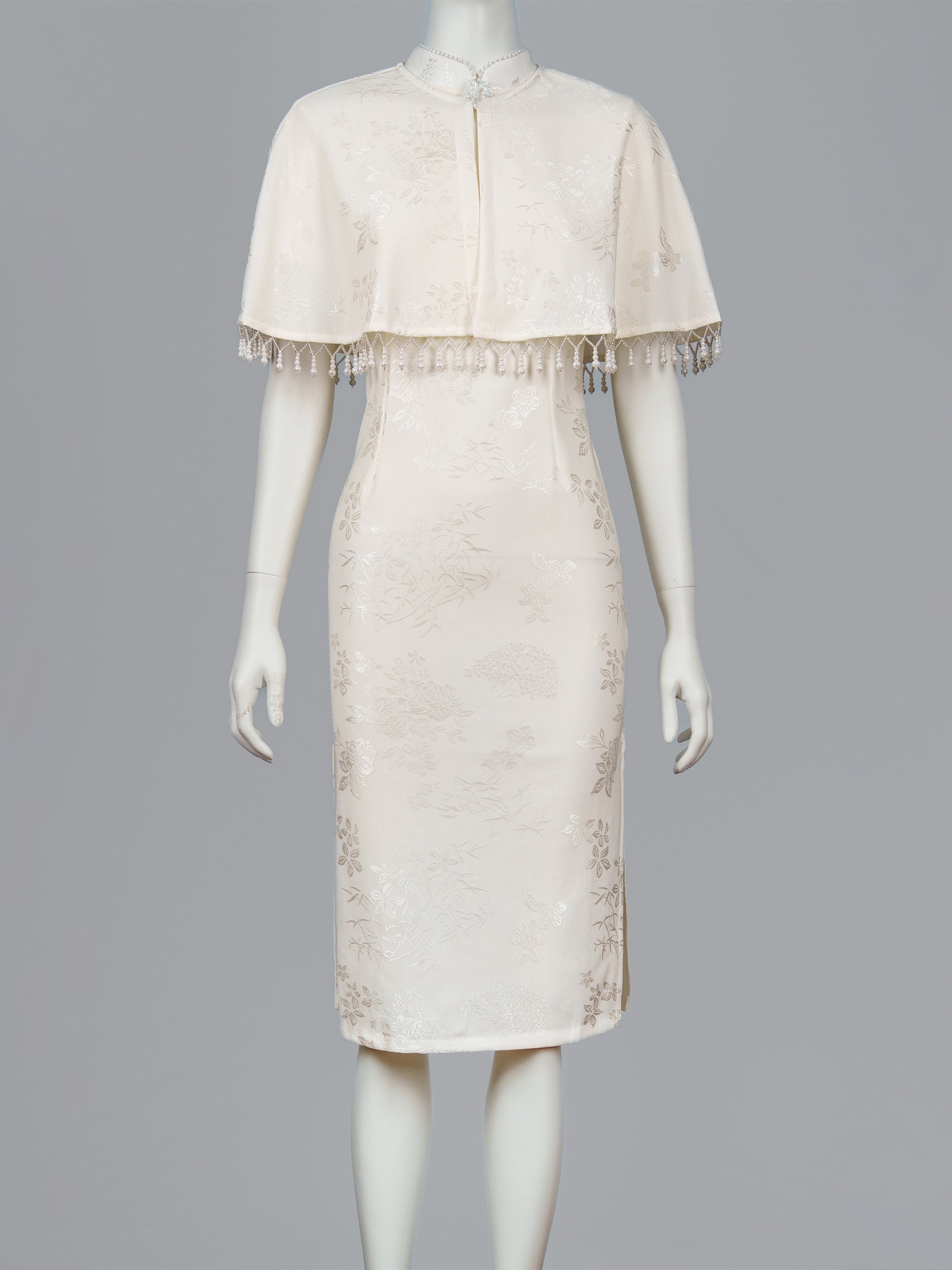 Pearl Trim Brocade Cheongsam Set with Beaded Cape