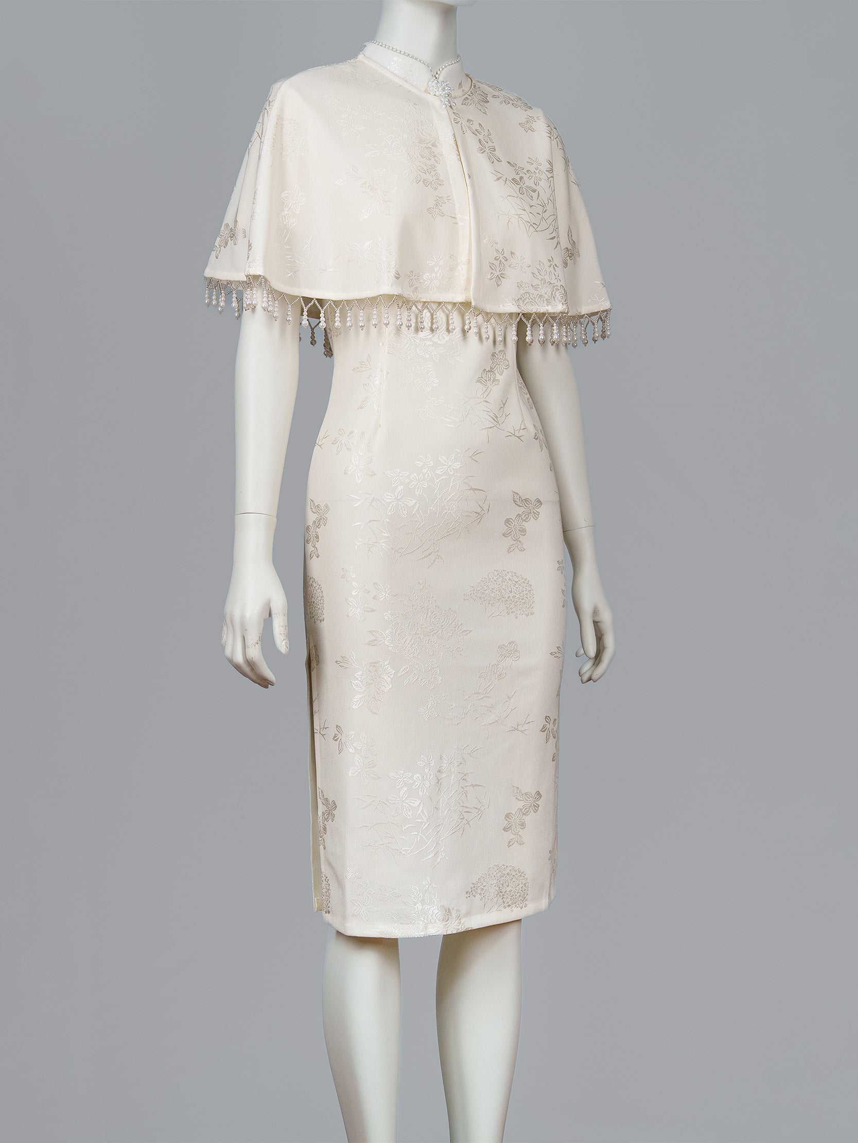 Pearl Trim Brocade Cheongsam Set with Beaded Cape