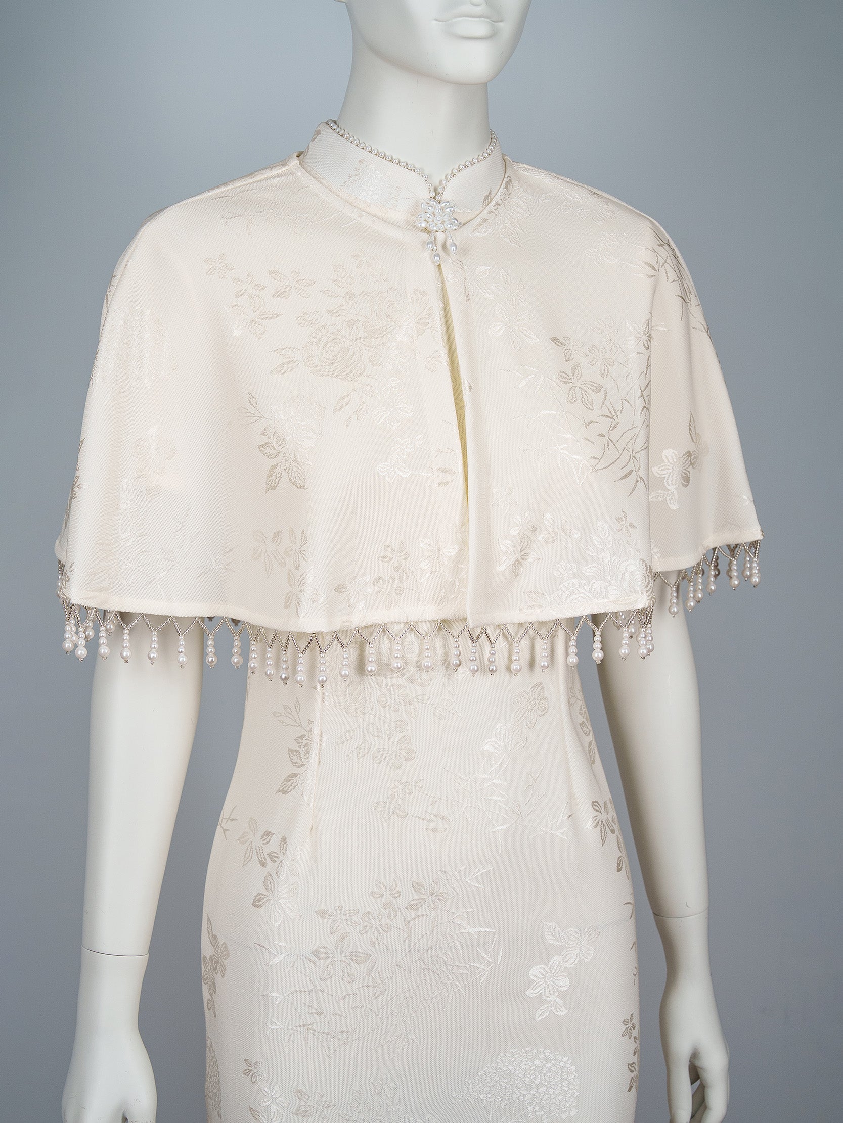 Pearl Trim Brocade Cheongsam Set with Beaded Cape