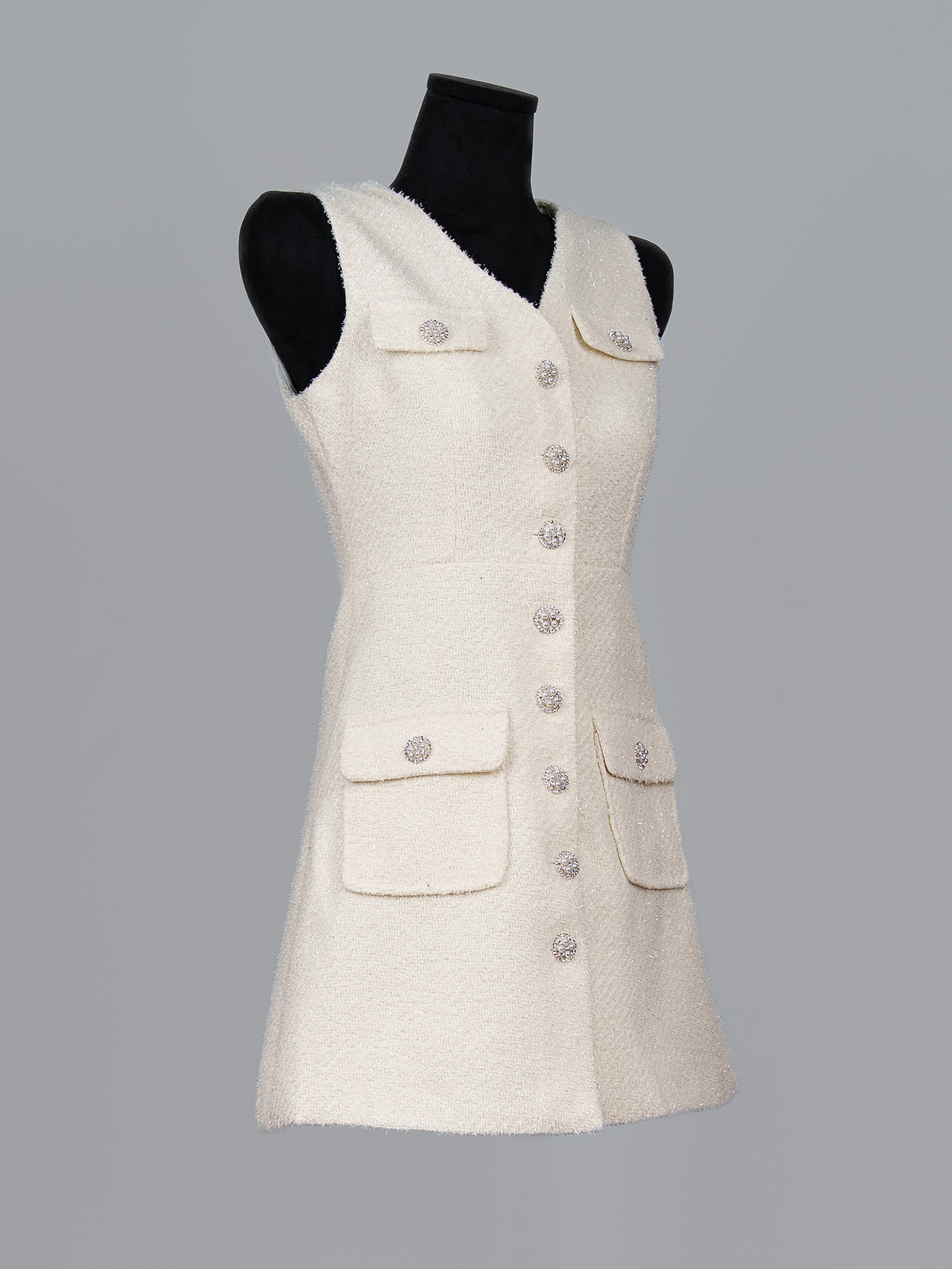 Jewelled Pearl Button Tweed Mini Dress