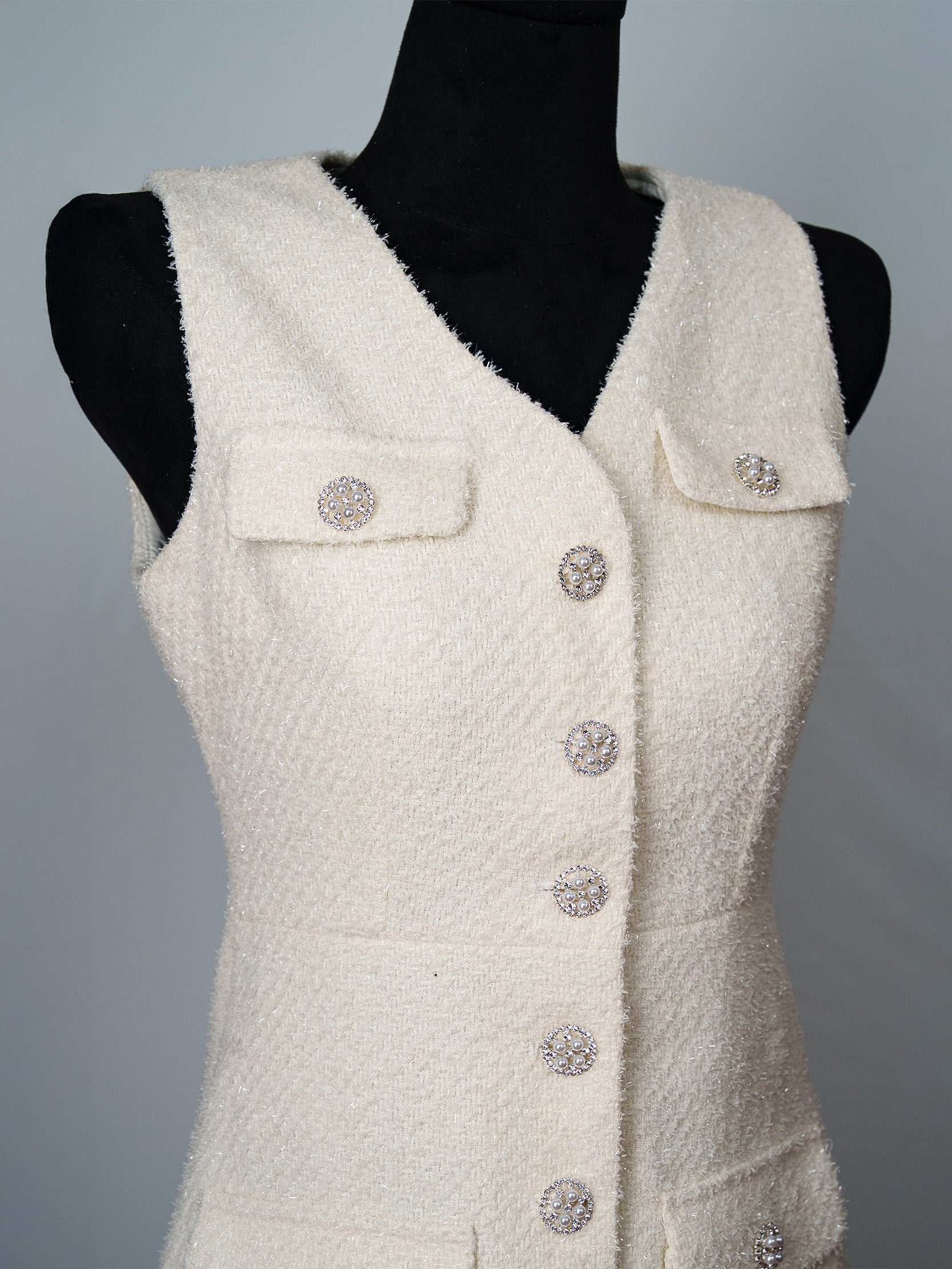 Jewelled Pearl Button Tweed Mini Dress