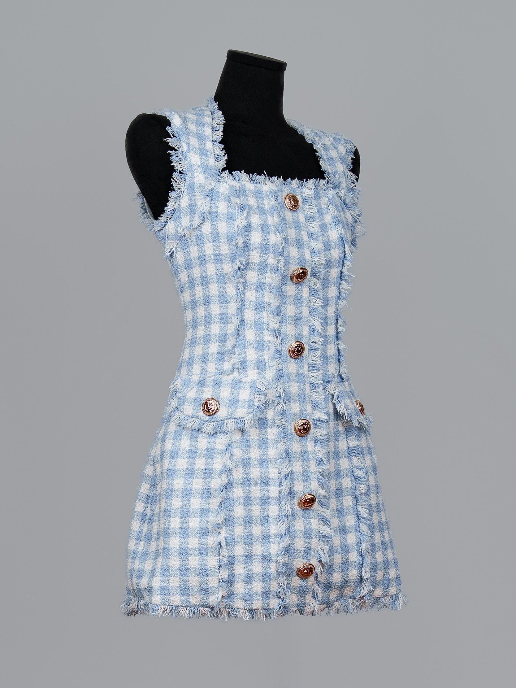 Frayed Check Tweed Mini Dress