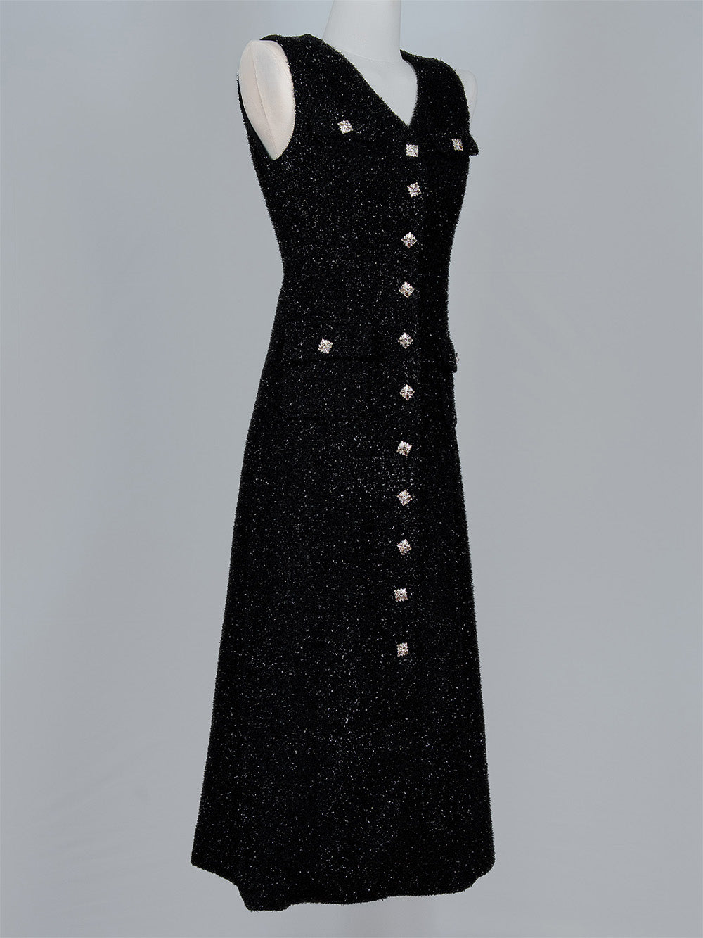 Crystal Button Tweed Midi Dress