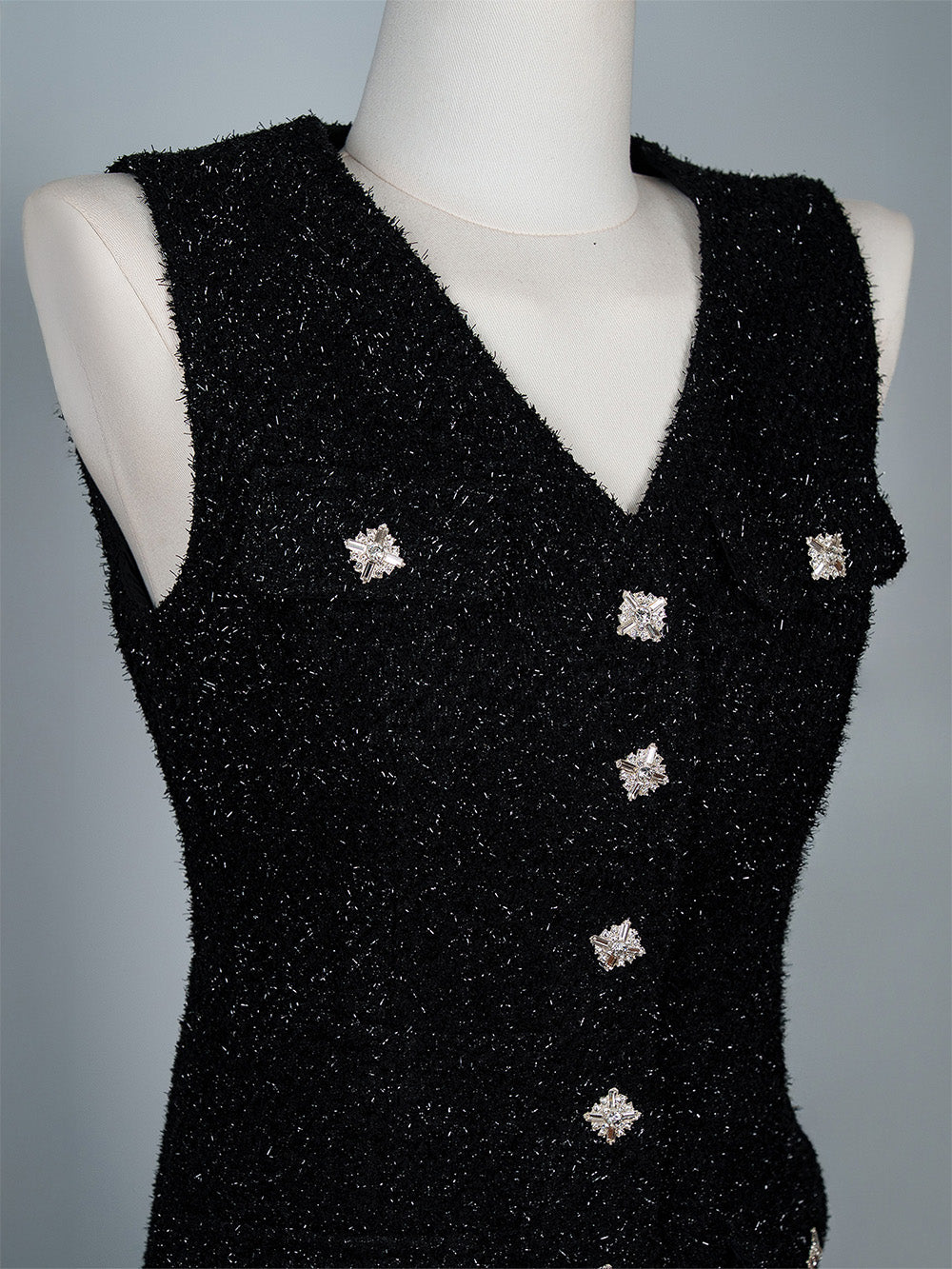 Crystal Button Tweed Midi Dress