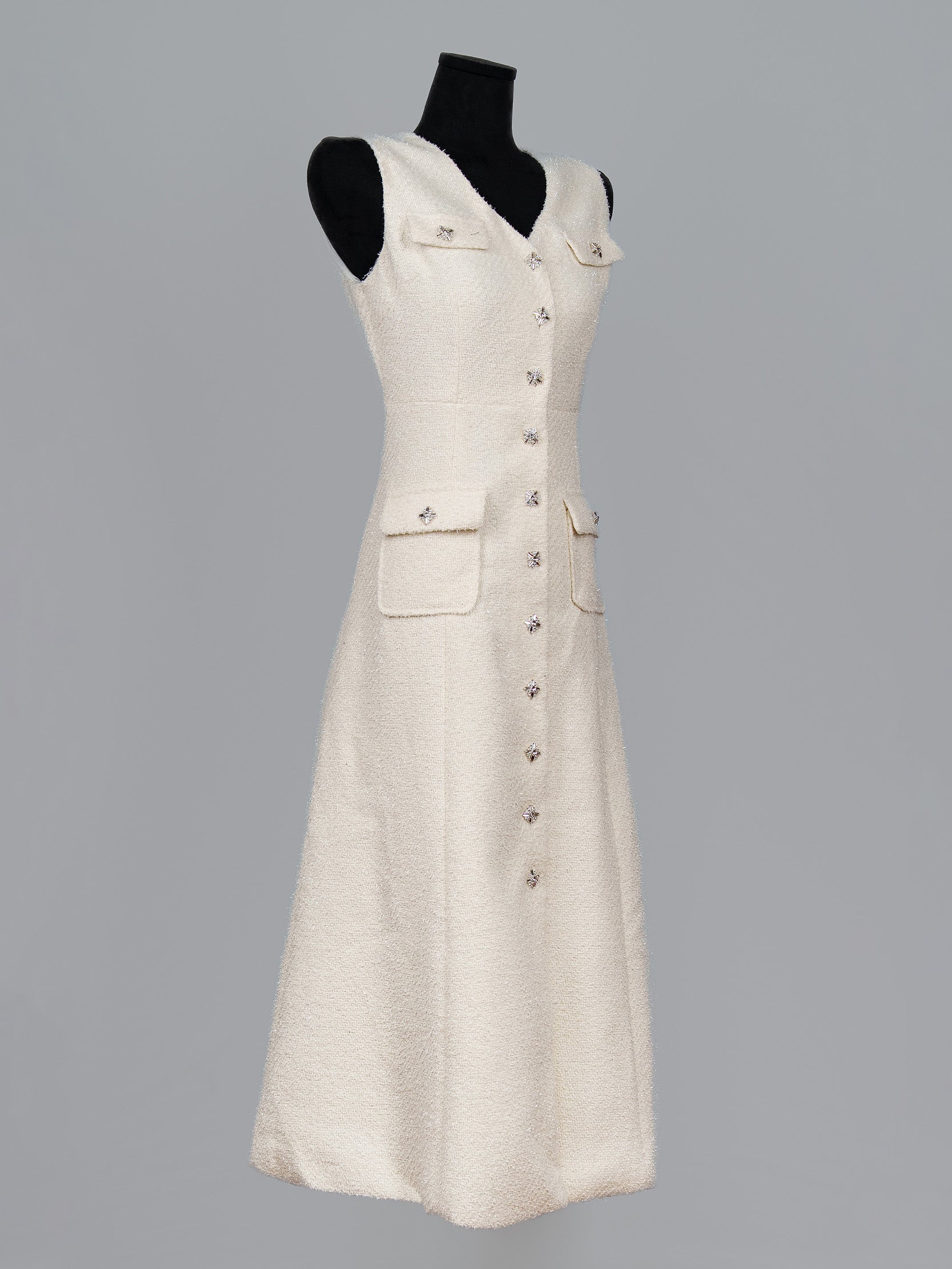 Crystal Button Tweed Midi Dress