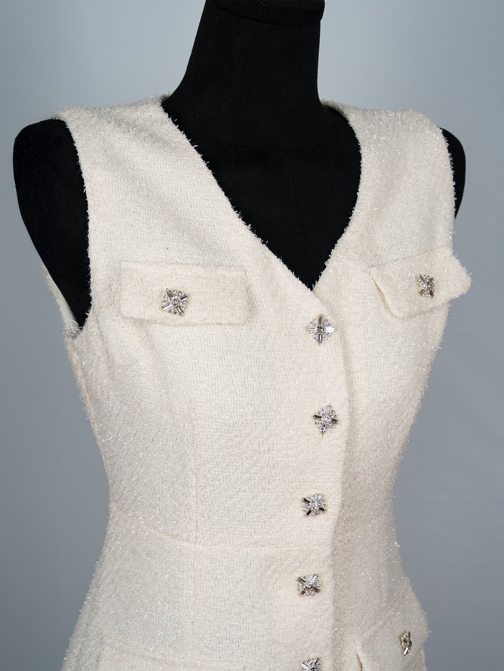 Crystal Button Tweed Midi Dress