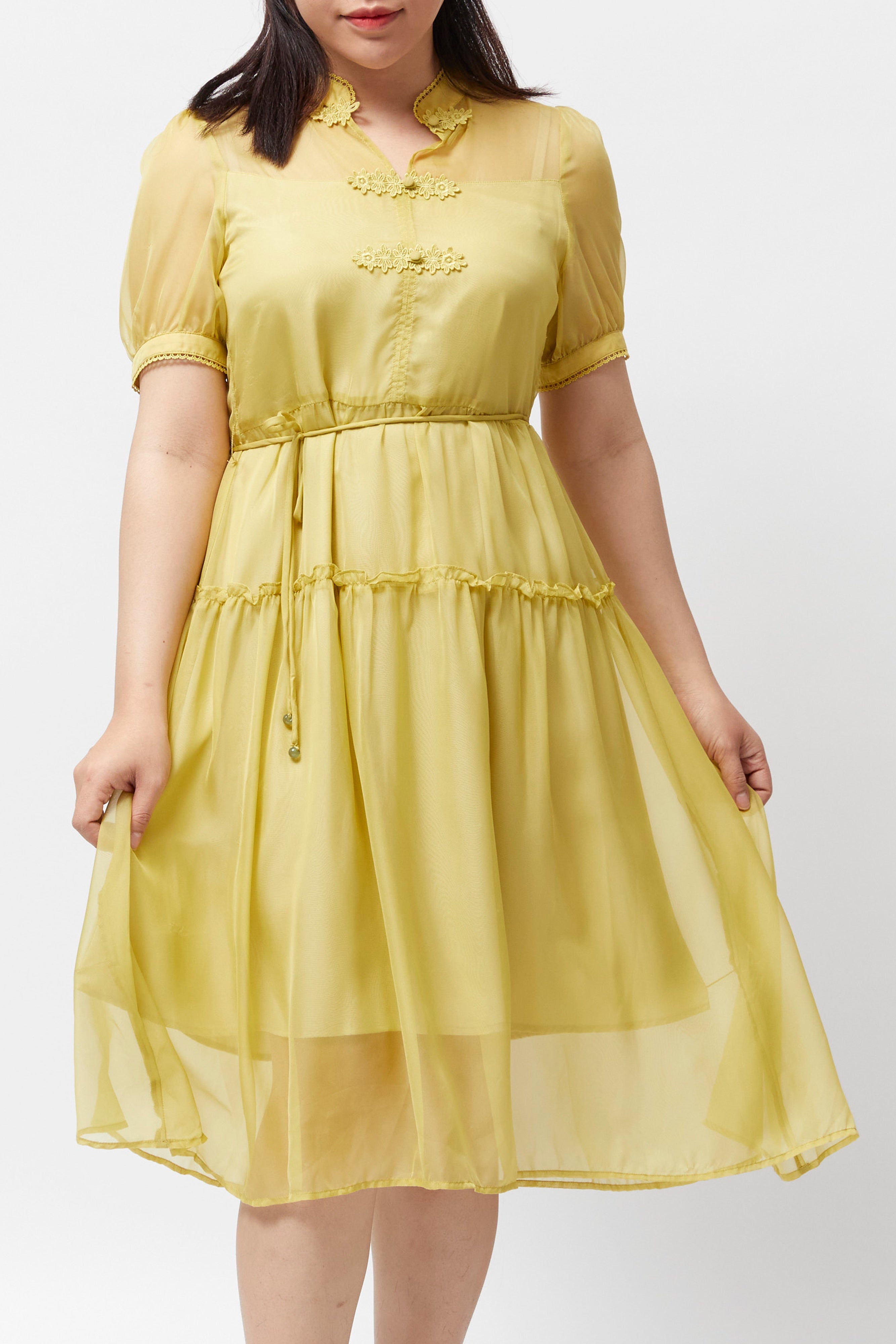 Women's Band Collar Dress (Mustard Yellow)