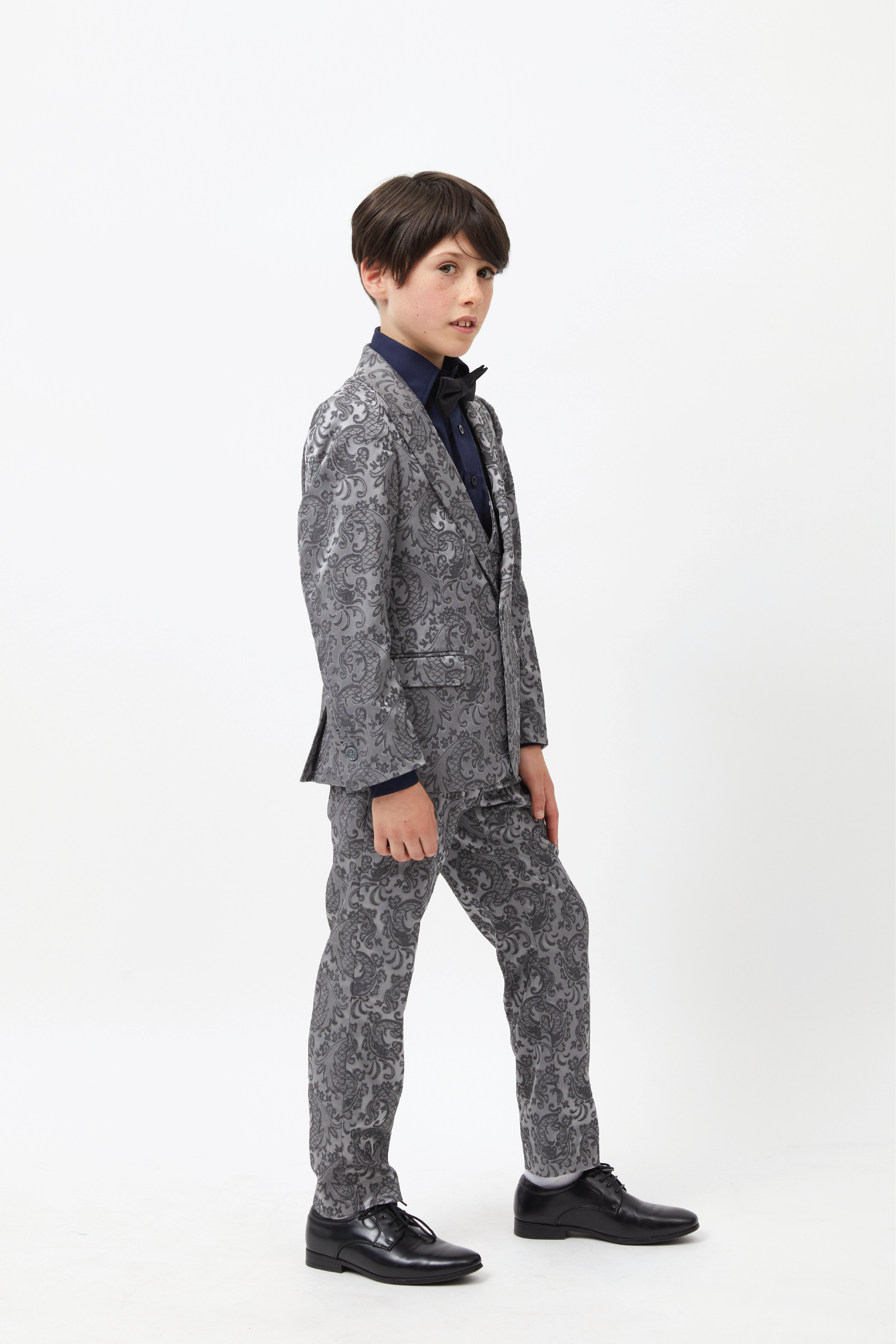 Grey Jacquard Suit Set with Vest