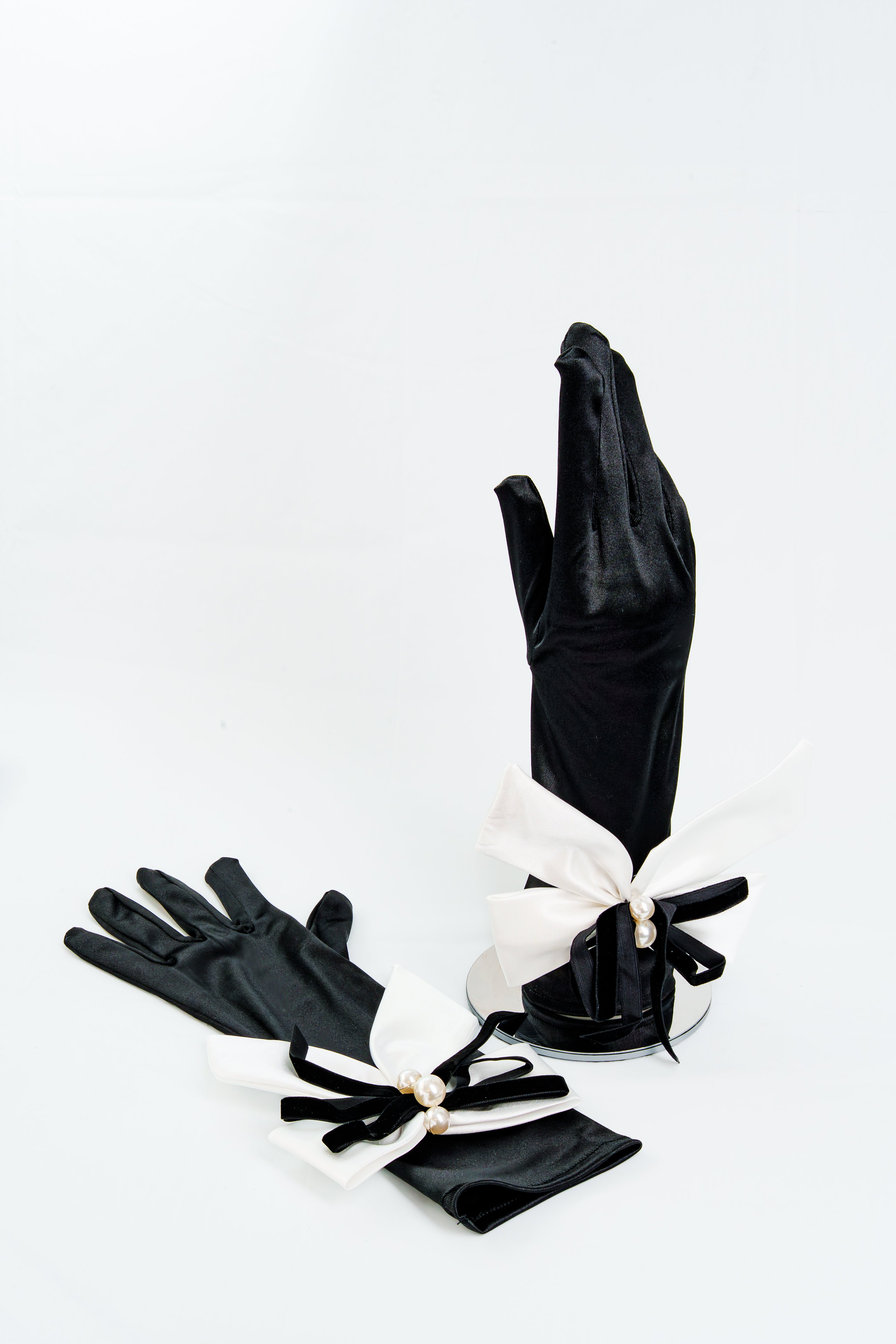 Black and White Bow Pearl Satin Gloves