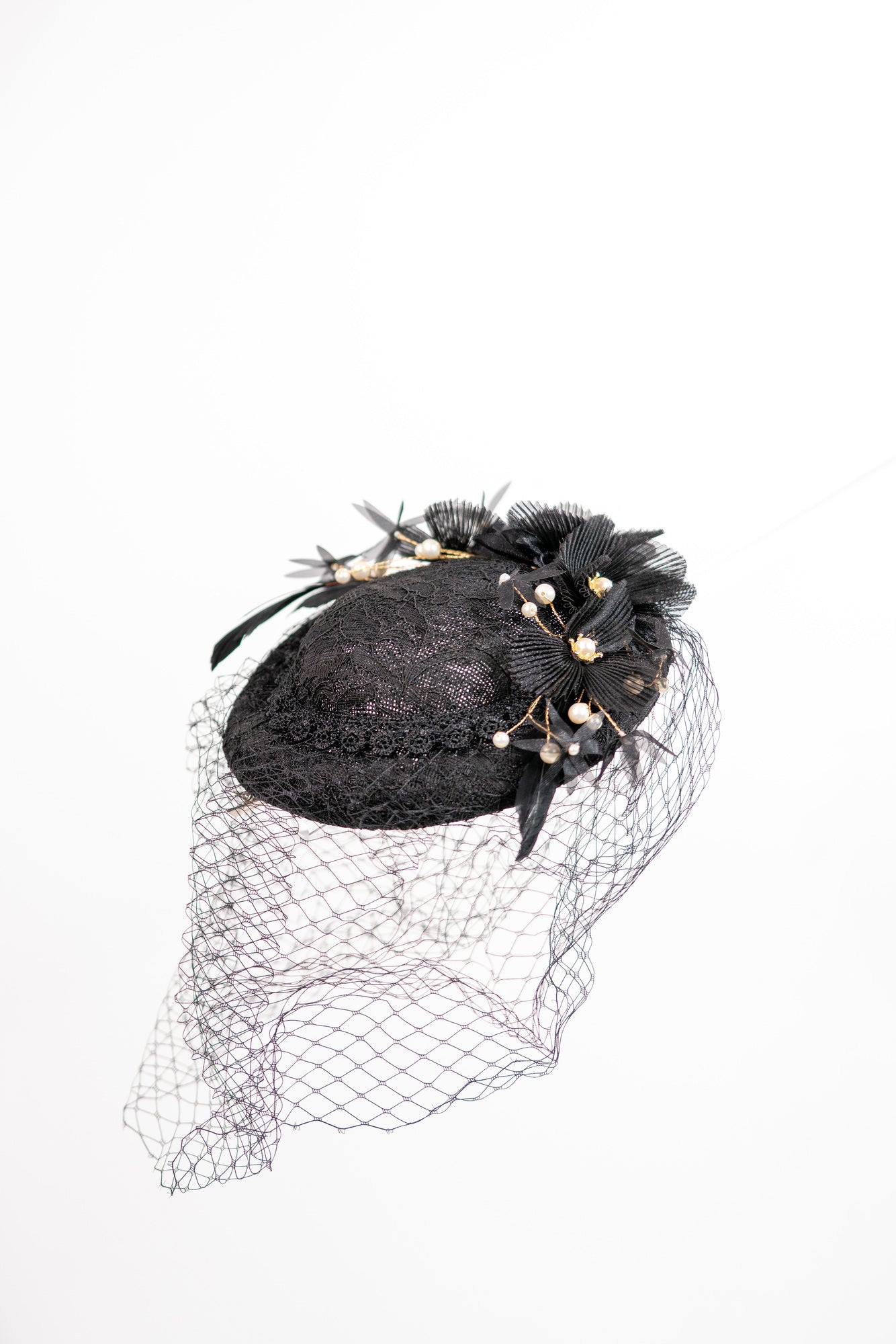 Lace Pleats Flower with Pearls Fascinator