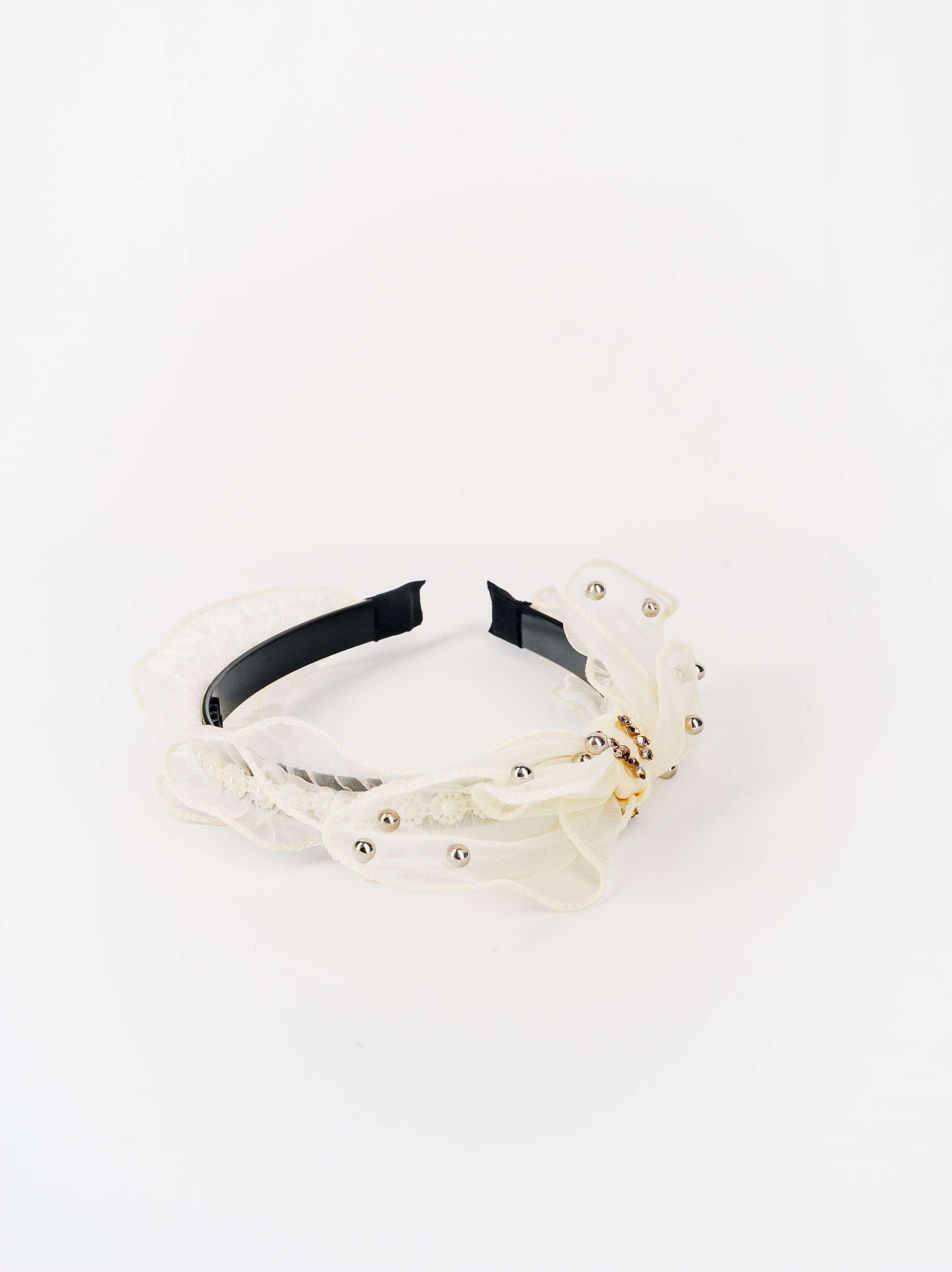 Ivory Organza Ruffle Headband with Pearl Rosettes