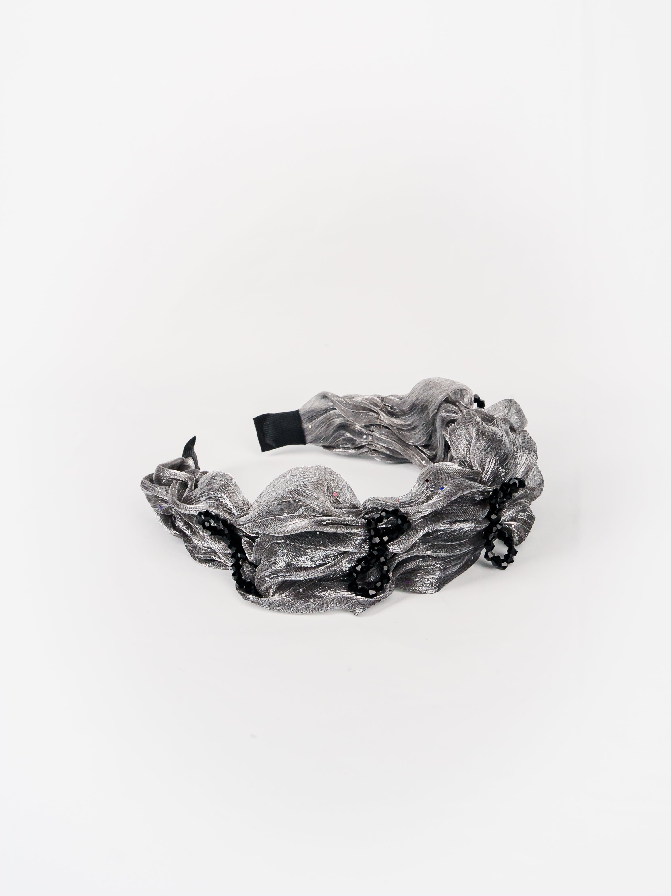 Wavy Metallic Organza Headband with Black Rosettes