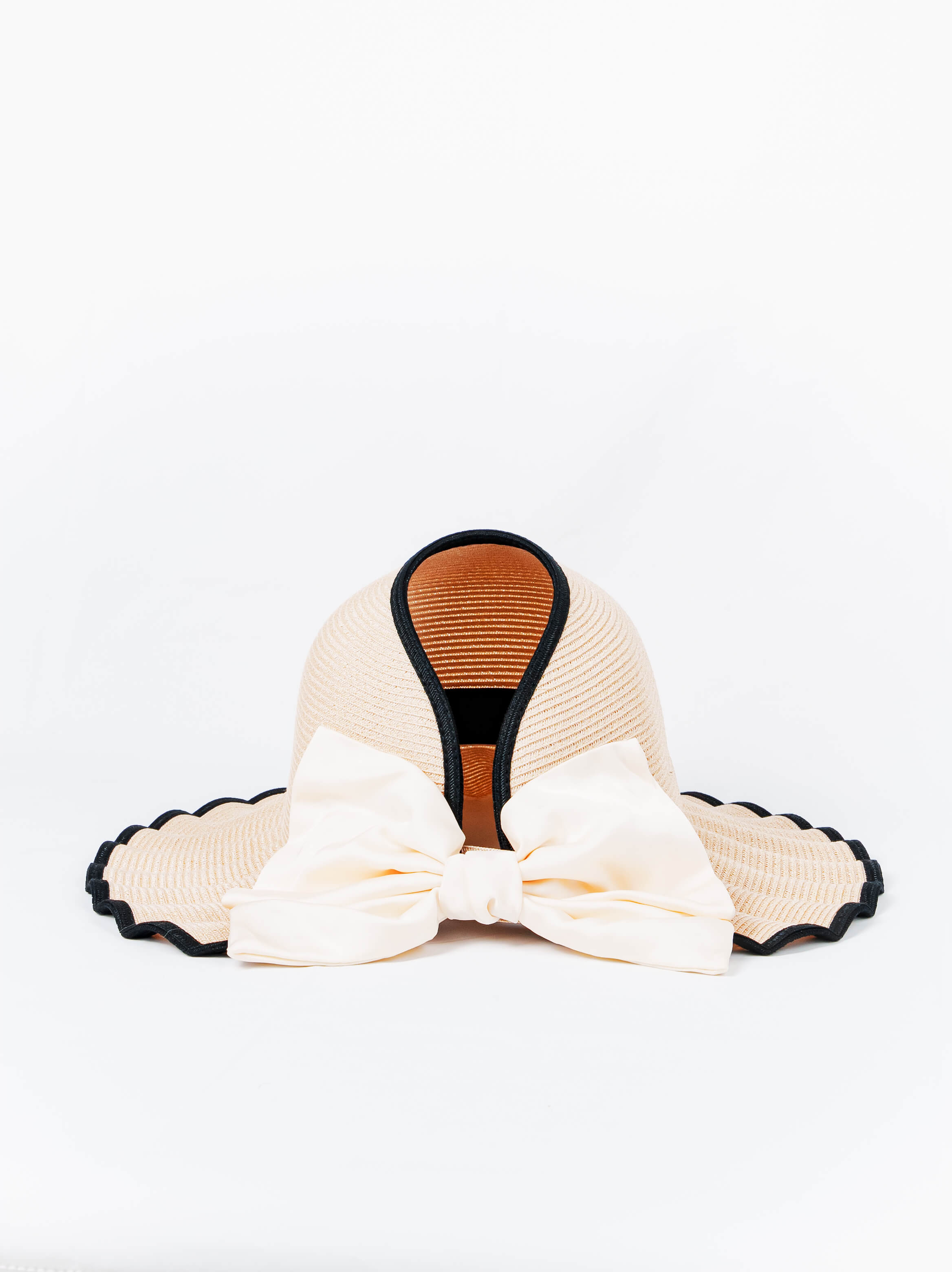 Scalloped Wide Brim Sun Hat with Satin Bow