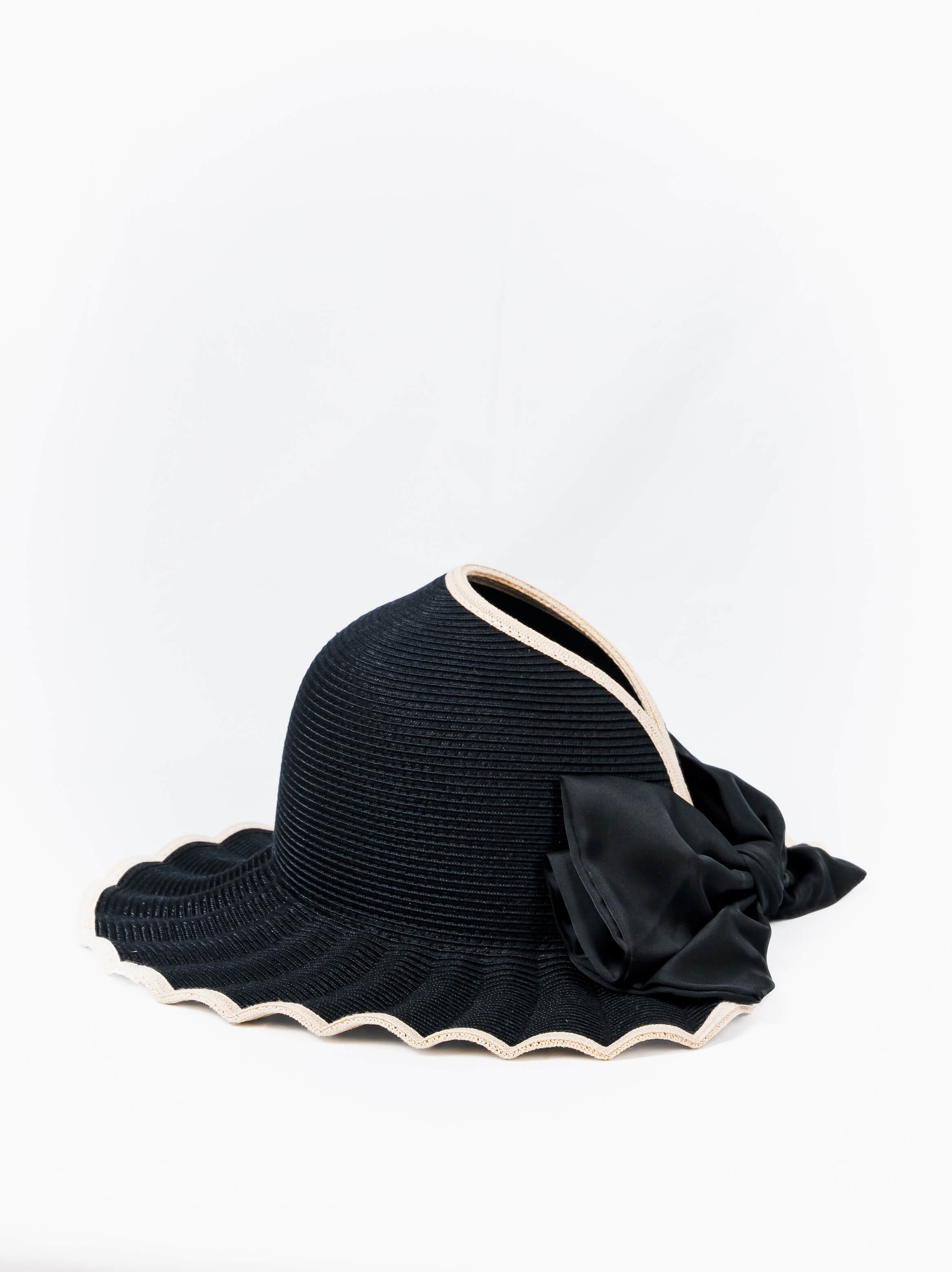 Scalloped Wide Brim Sun Hat with Satin Bow