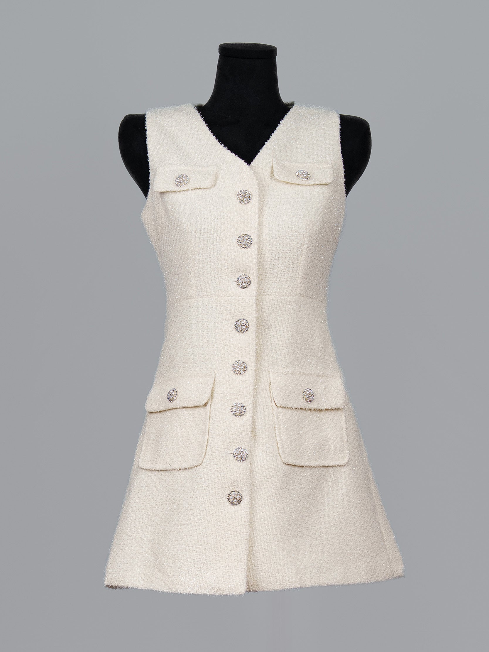 Jewelled Pearl Button Tweed Mini Dress