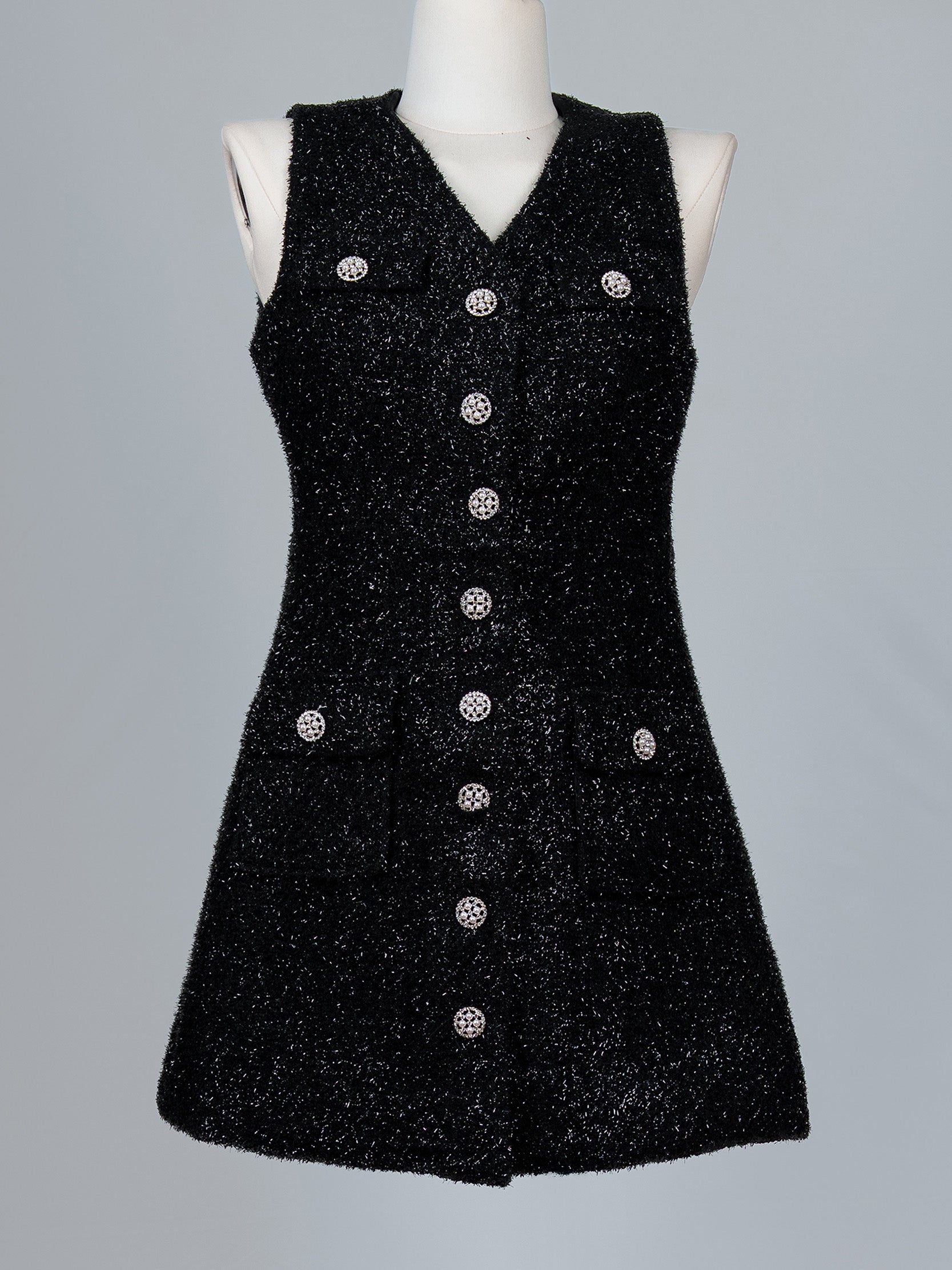 Jewelled Pearl Button Tweed Mini Dress