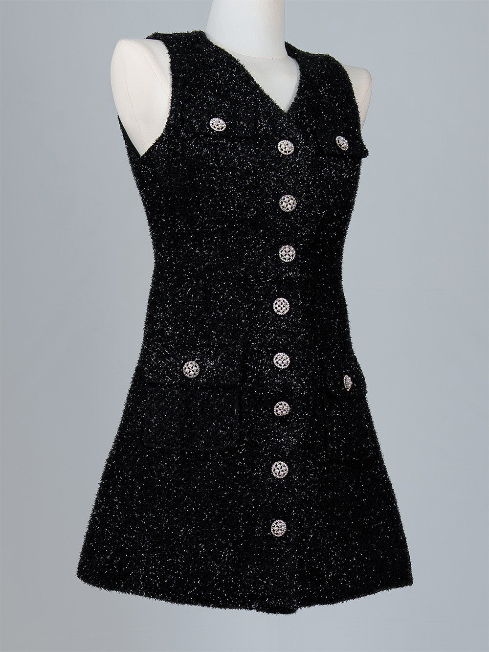 Jewelled Pearl Button Tweed Mini Dress