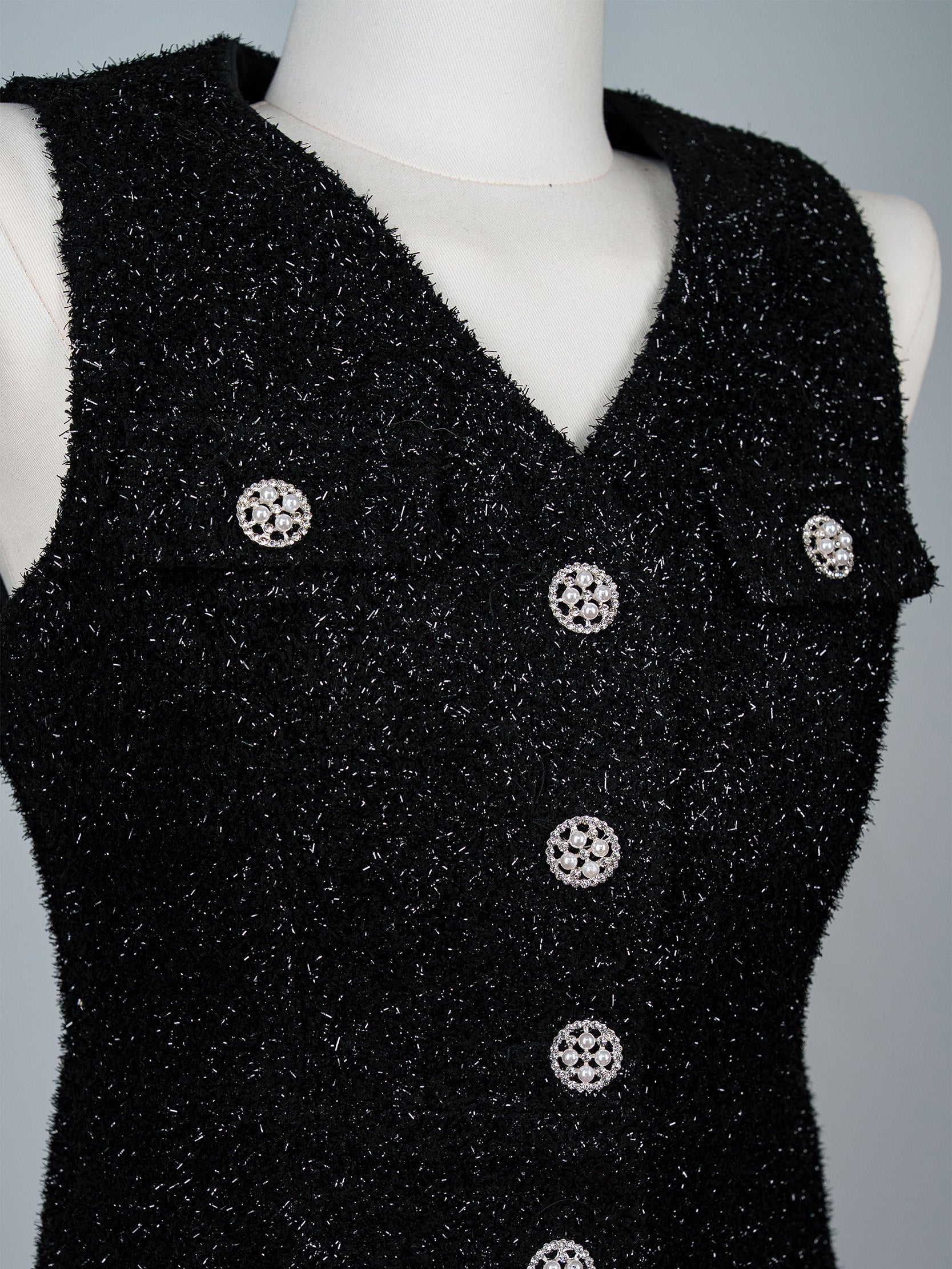 Jewelled Pearl Button Tweed Mini Dress