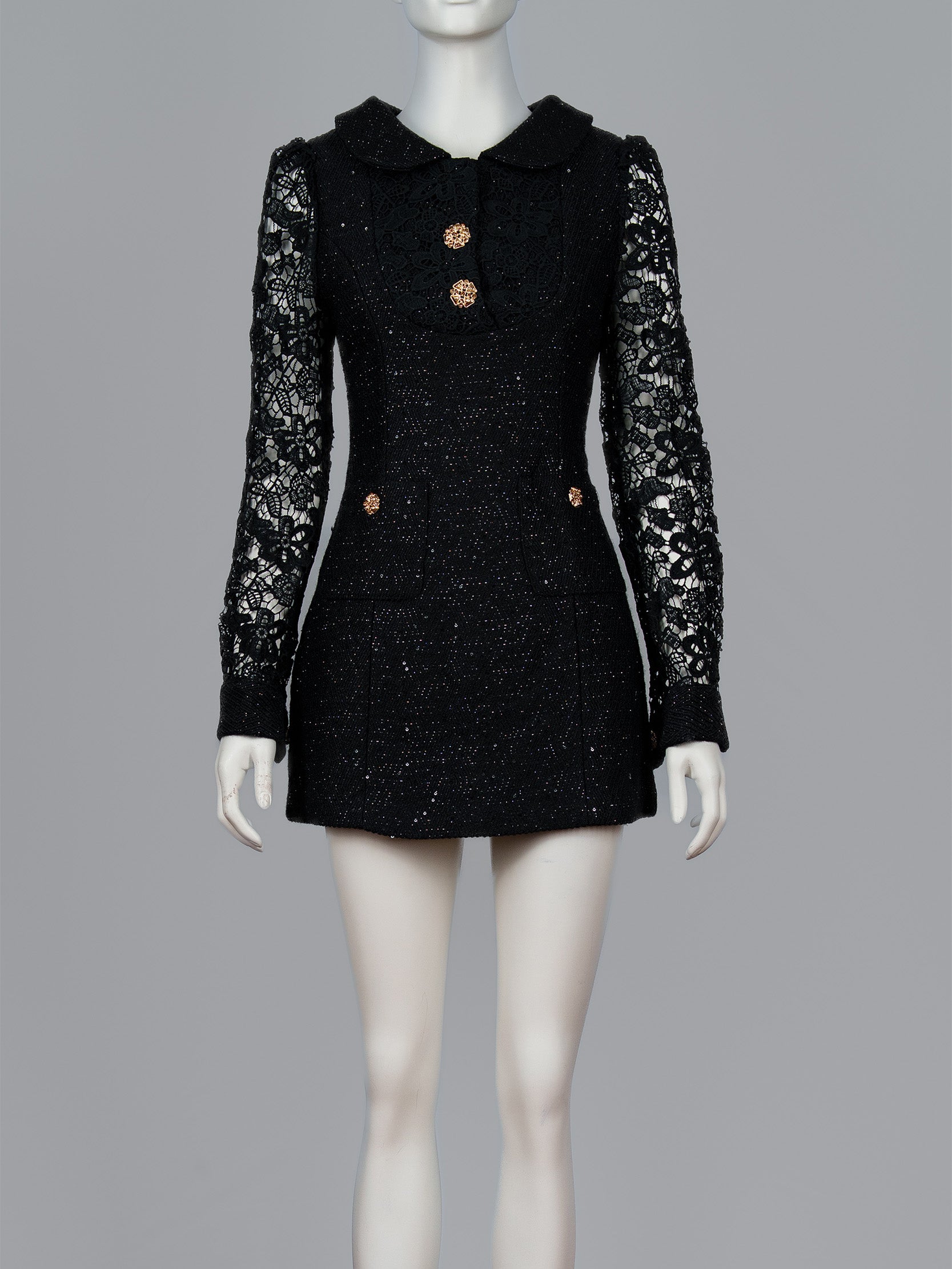 Lace Sleeve Tweed Mini Dress