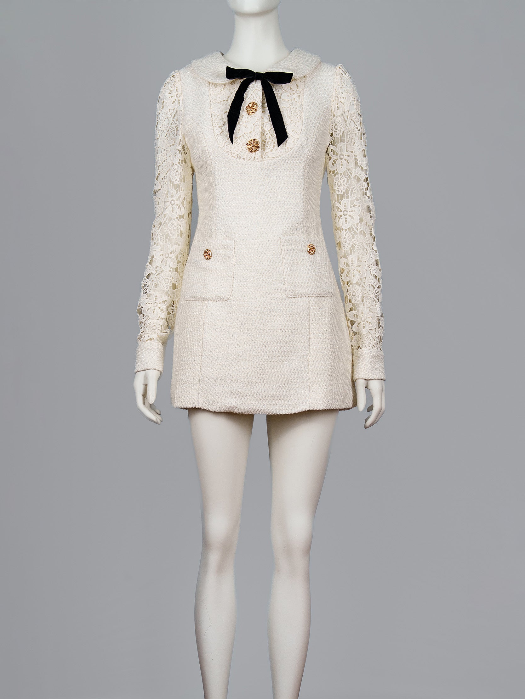 Lace Sleeve Tweed Mini Dress