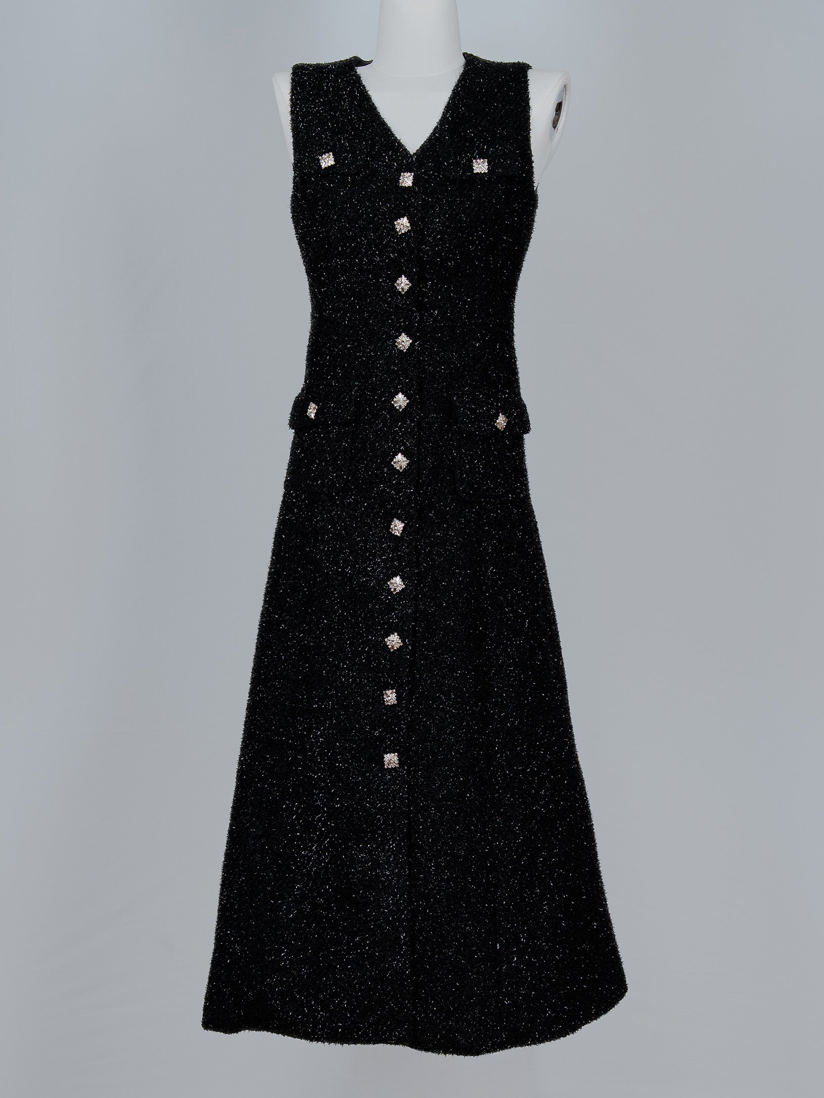 Crystal Button Tweed Midi Dress