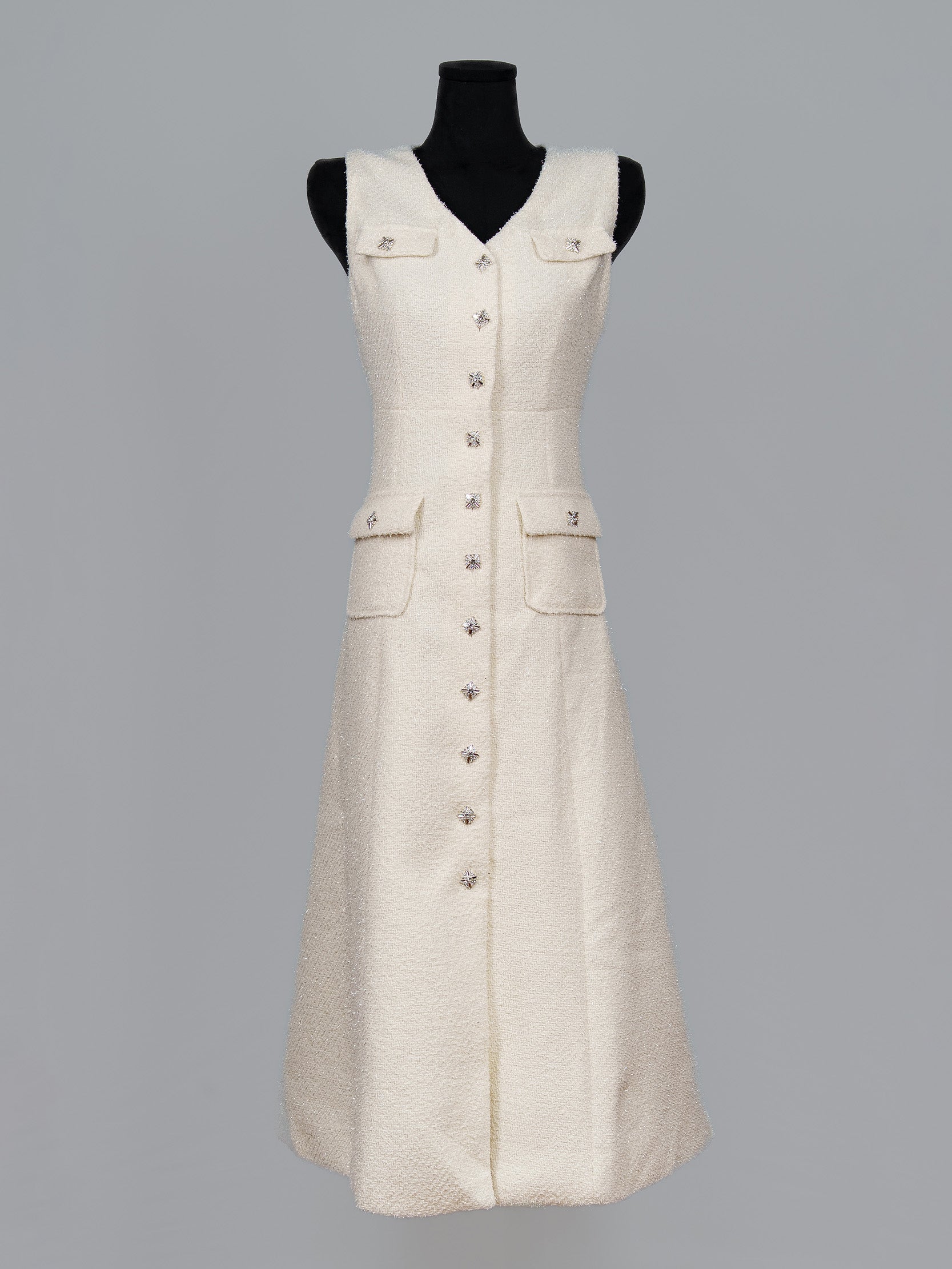 Crystal Button Tweed Midi Dress