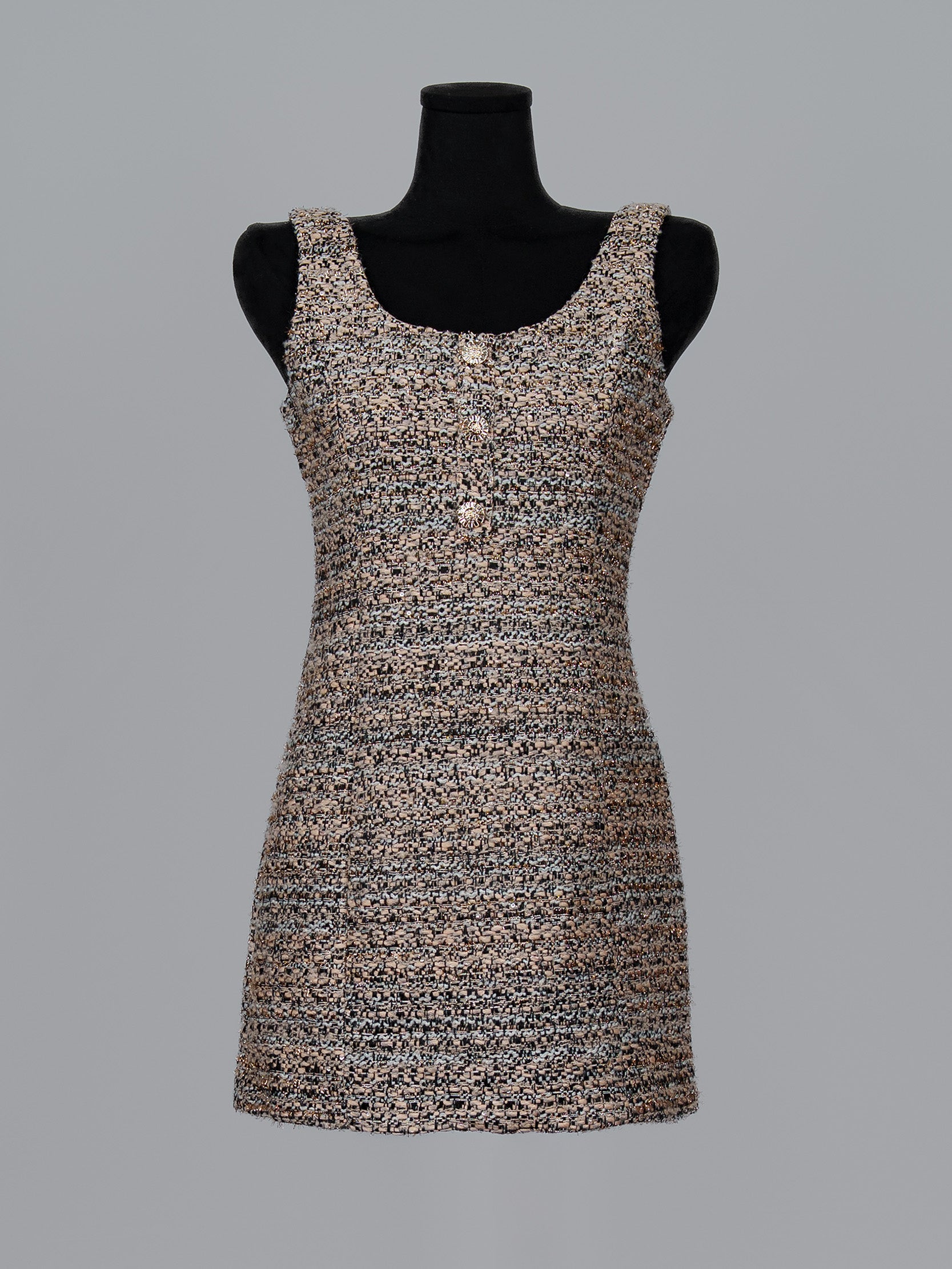 Gold Button Tweed Mini Dress