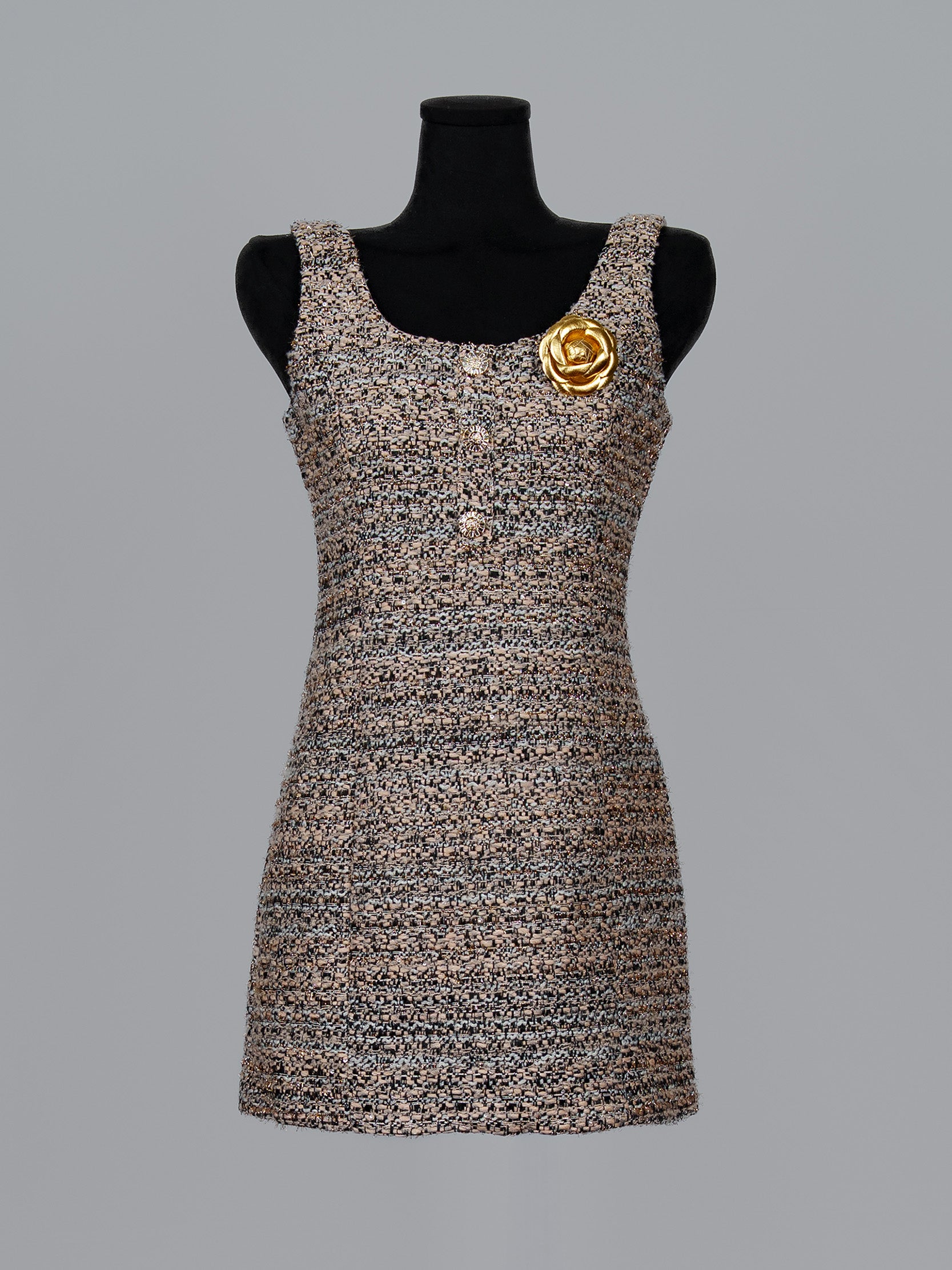Gold Button Tweed Mini Dress