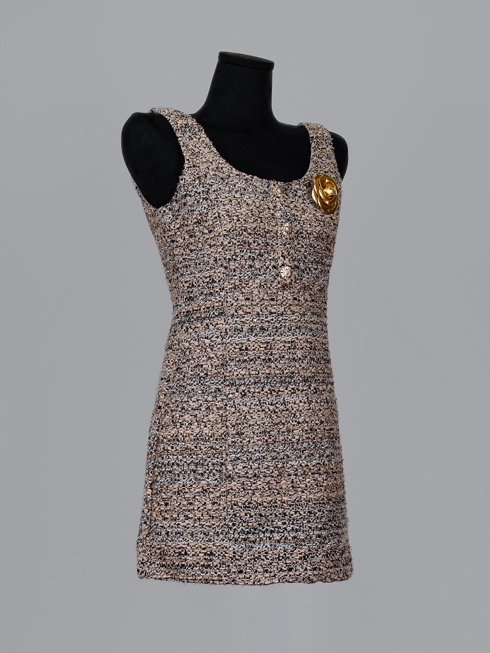 Gold Button Tweed Mini Dress