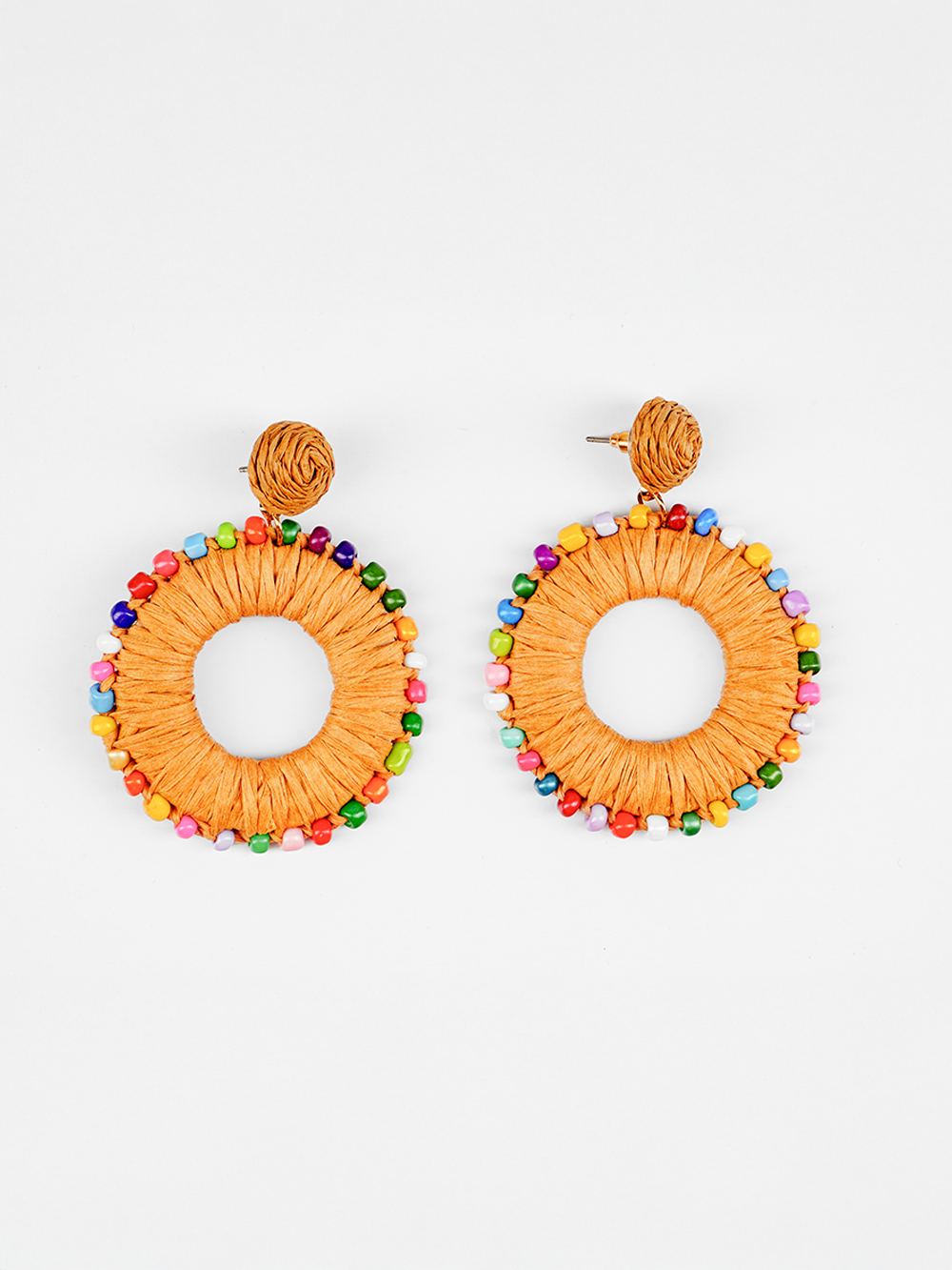Beaded Round Raffia Earrings