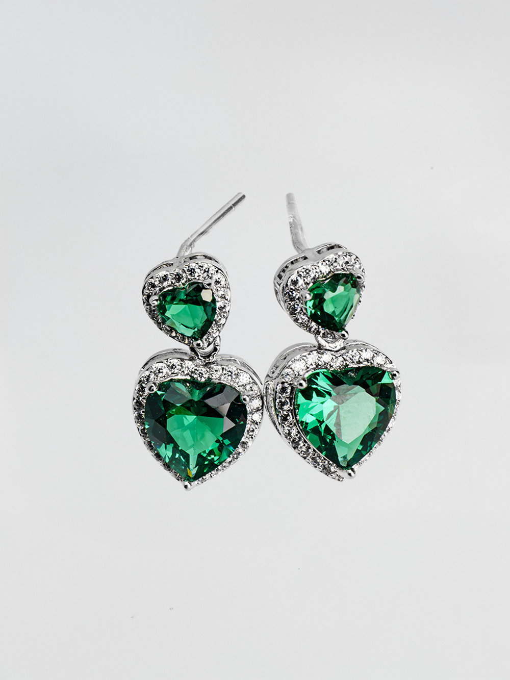 Green Heart Double Drop Silver Tone Studs