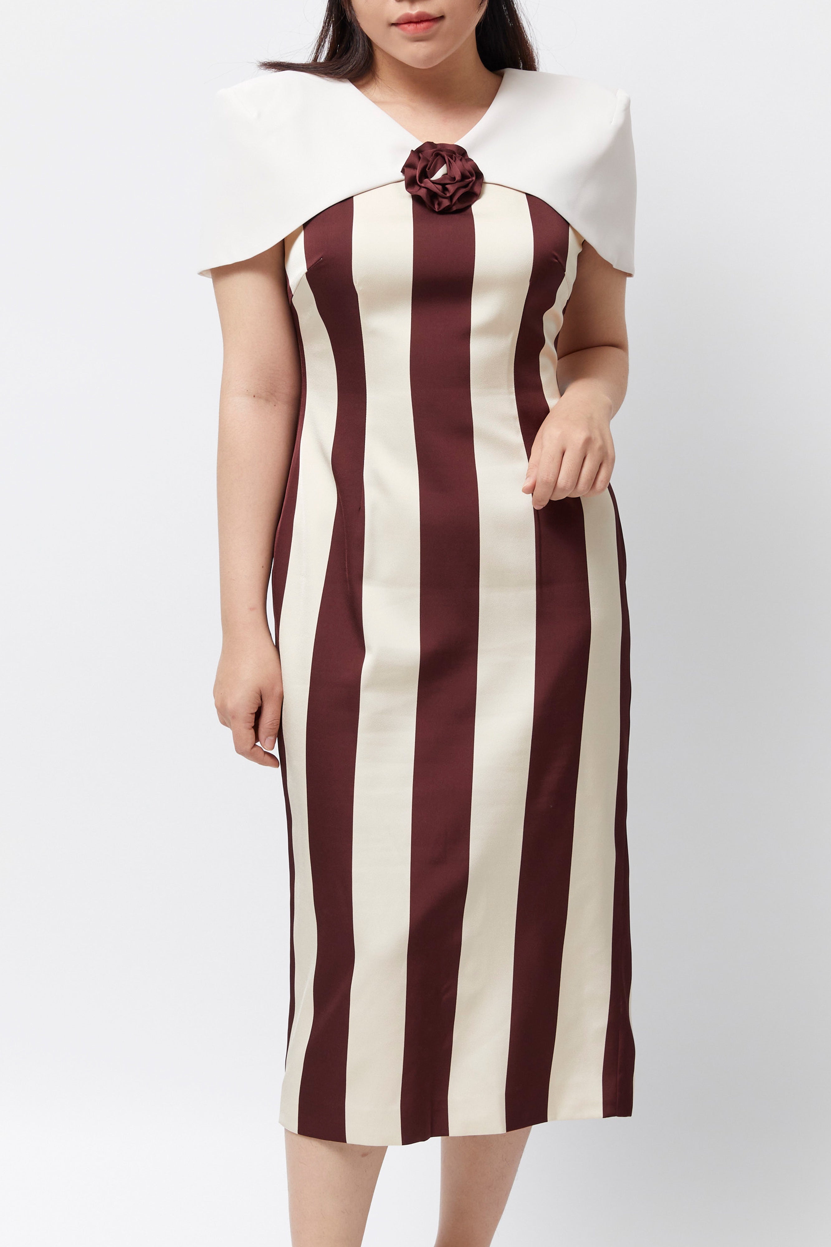 Women's Vertical Stripes Dress (Red-Brown)