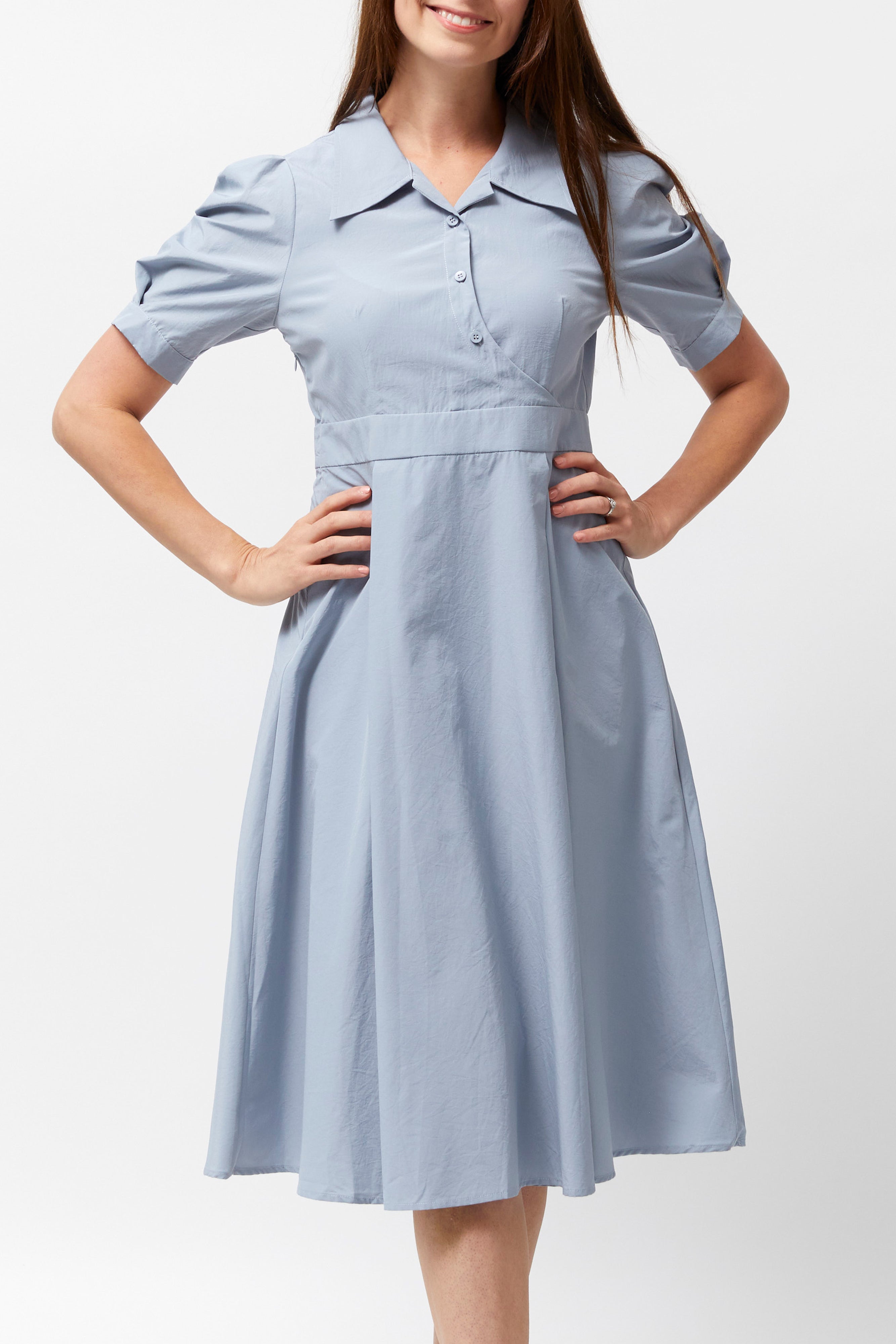 Women's Curved Button Dress (Misty Blue)